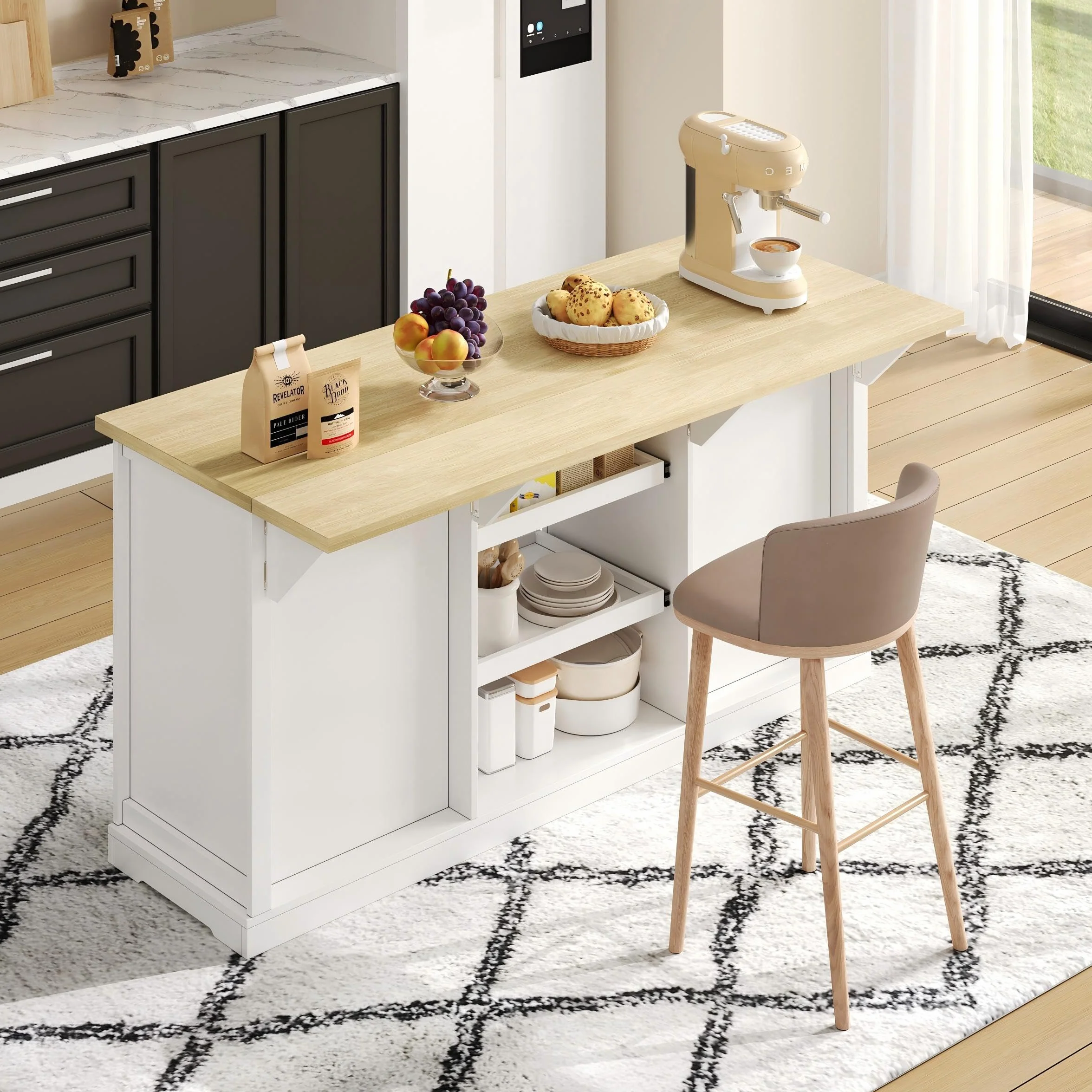 Isla de cocina, 150 × 65 × 75 cm, con cinco cajones, dos estantes extraíbles, un panel de extensión abatible y tomas integradas. Mueble bar, aparador, muebles blancos.
