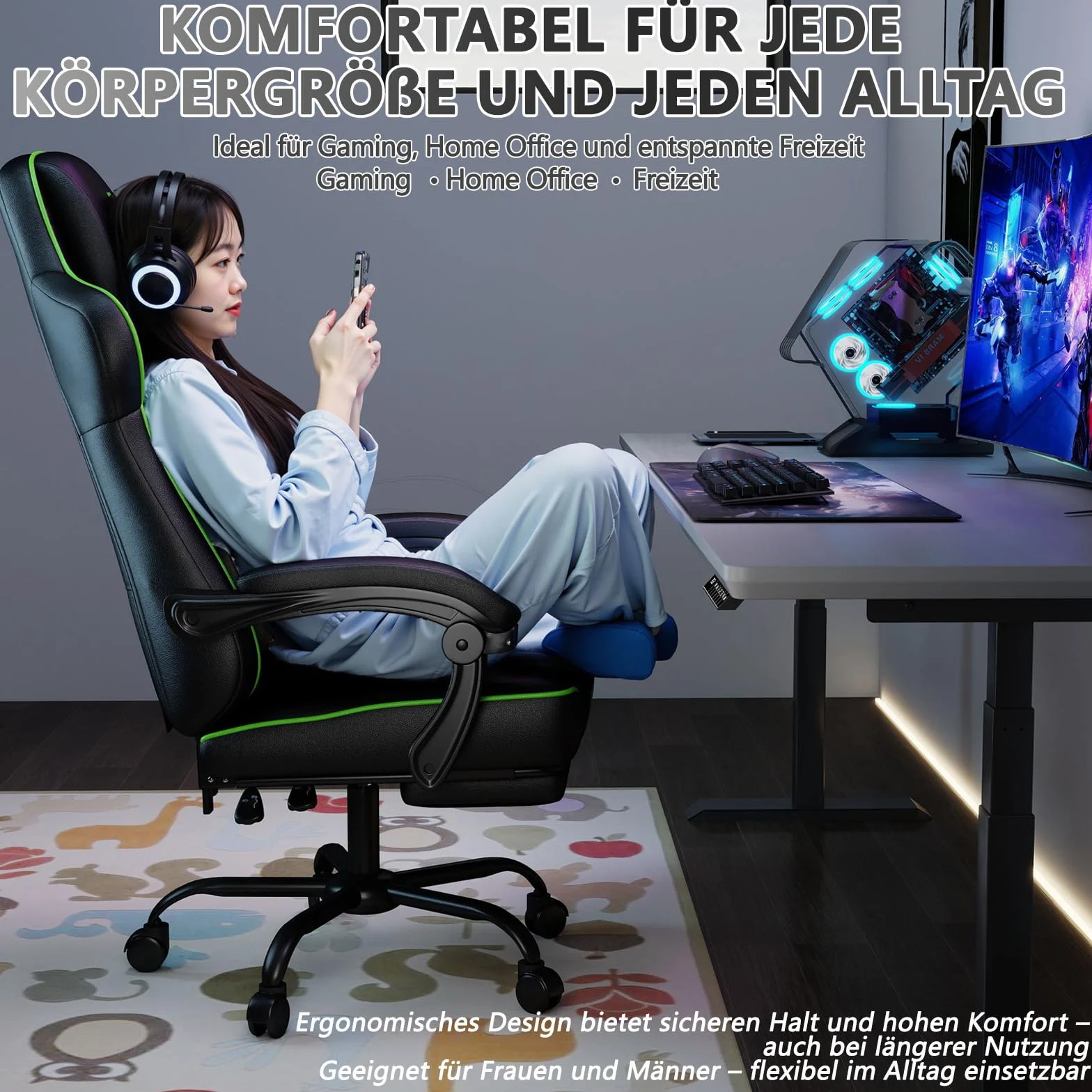 Silla Gaming Ergonómica con Respaldo Ajustable y Giro de 360° – Silla de Oficina para Adultos/Adolescentes 150KG, Silla de PC de Tela Verde para Oficina en Casa/Juegos