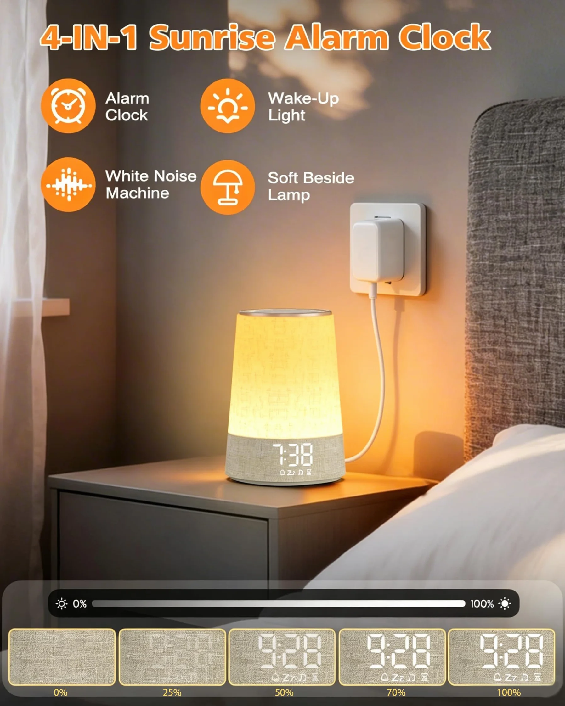 Despertador Amanecer con 30 sonidos de la naturaleza,pantalla totalmente regulable,lámpara de 10 Niveles de Brillo,ayuda para dormir y temporizador, regalos para madres y padres,mujeres y hombres