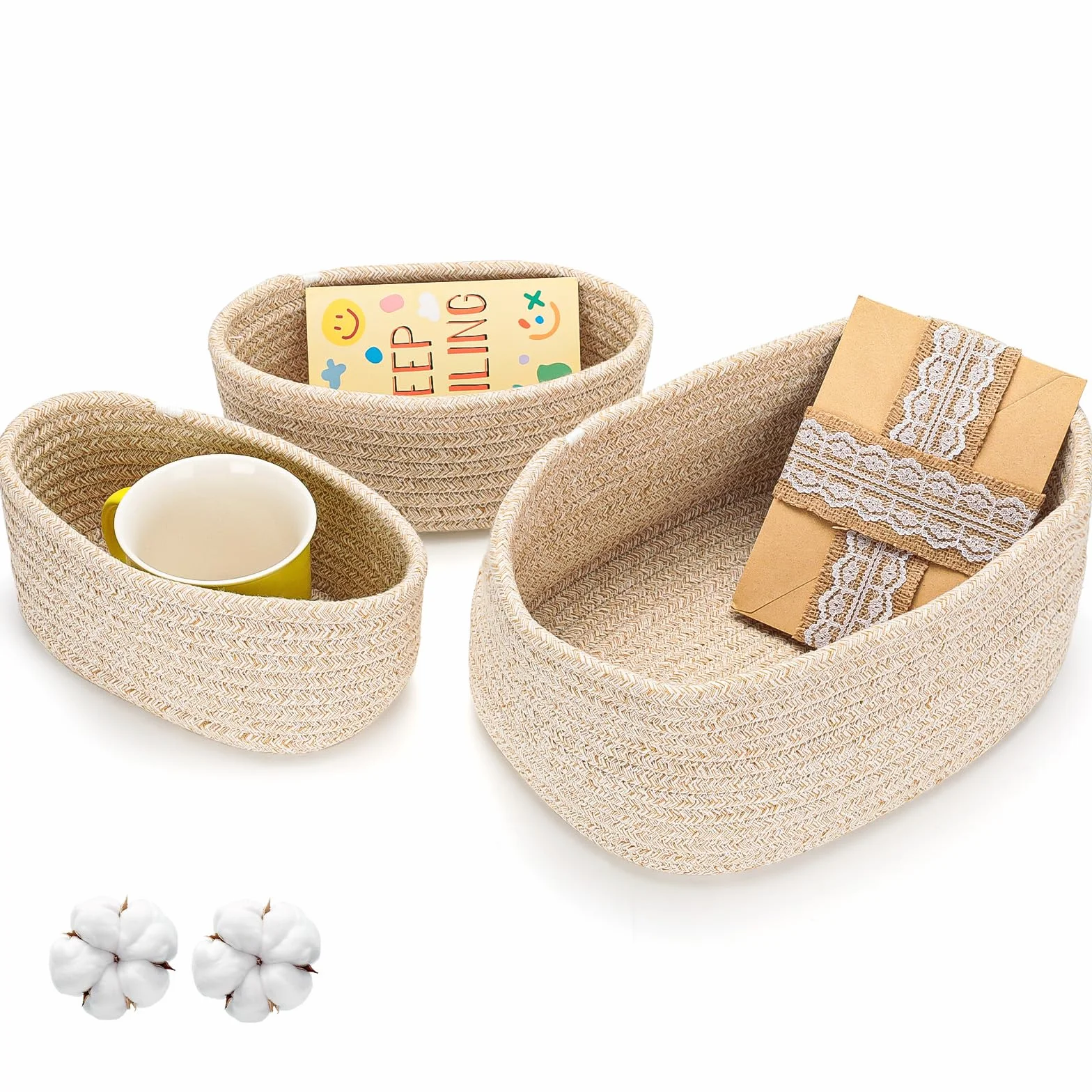 Juego de 3 Cestas Organizadoras de Algodón Tejido para Baño, Dormitorio y Salón
