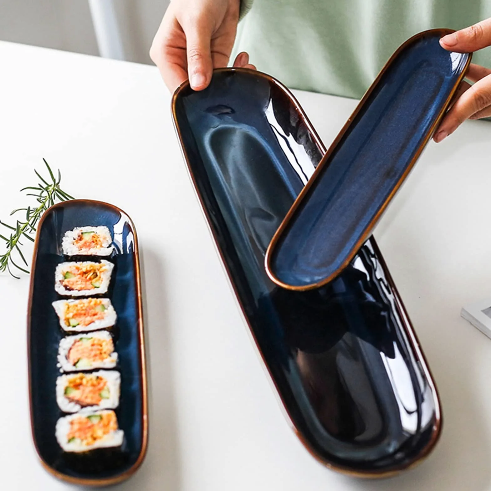 Platos Llanos Platos rectangulares de cerámica for sushi, plato de cocina de porcelana ovalada japonesa, plato largo grande de 15,7 pulgadas, apto for microondas/lavavajillas Platos postre(A)