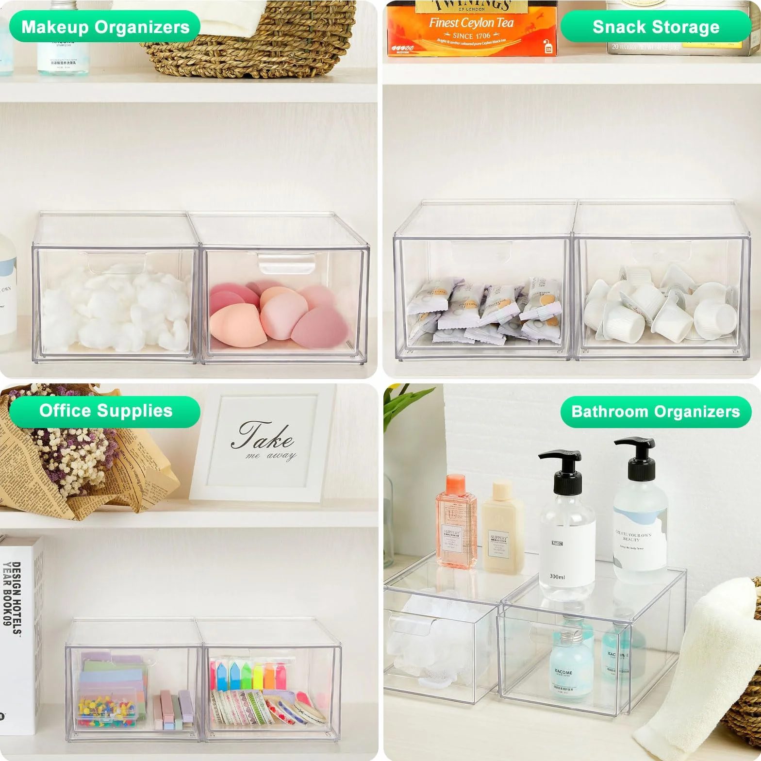 2 Organizadores de Cajones para Baño, Organizador de Baño y Cosméticos, Cajón de Acrílico Transparente, Blanco