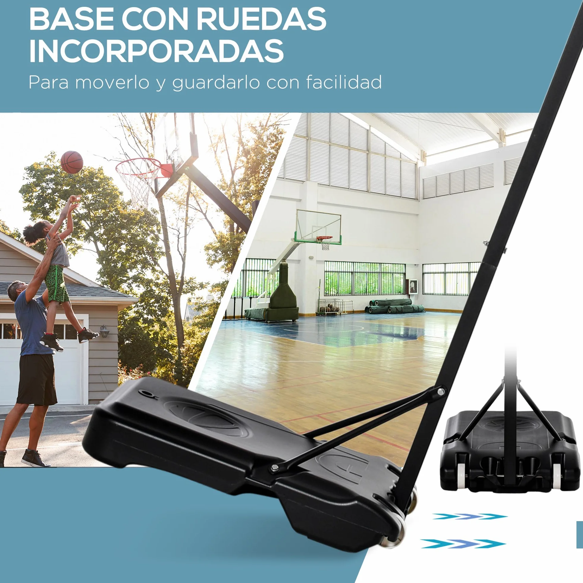 HOMCOM Canasta de Baloncesto de Pie Ajustable 194-249 cm Base Rellenable Agua 30 kg Arena 35 kg Ruedas Transporte Multicolor