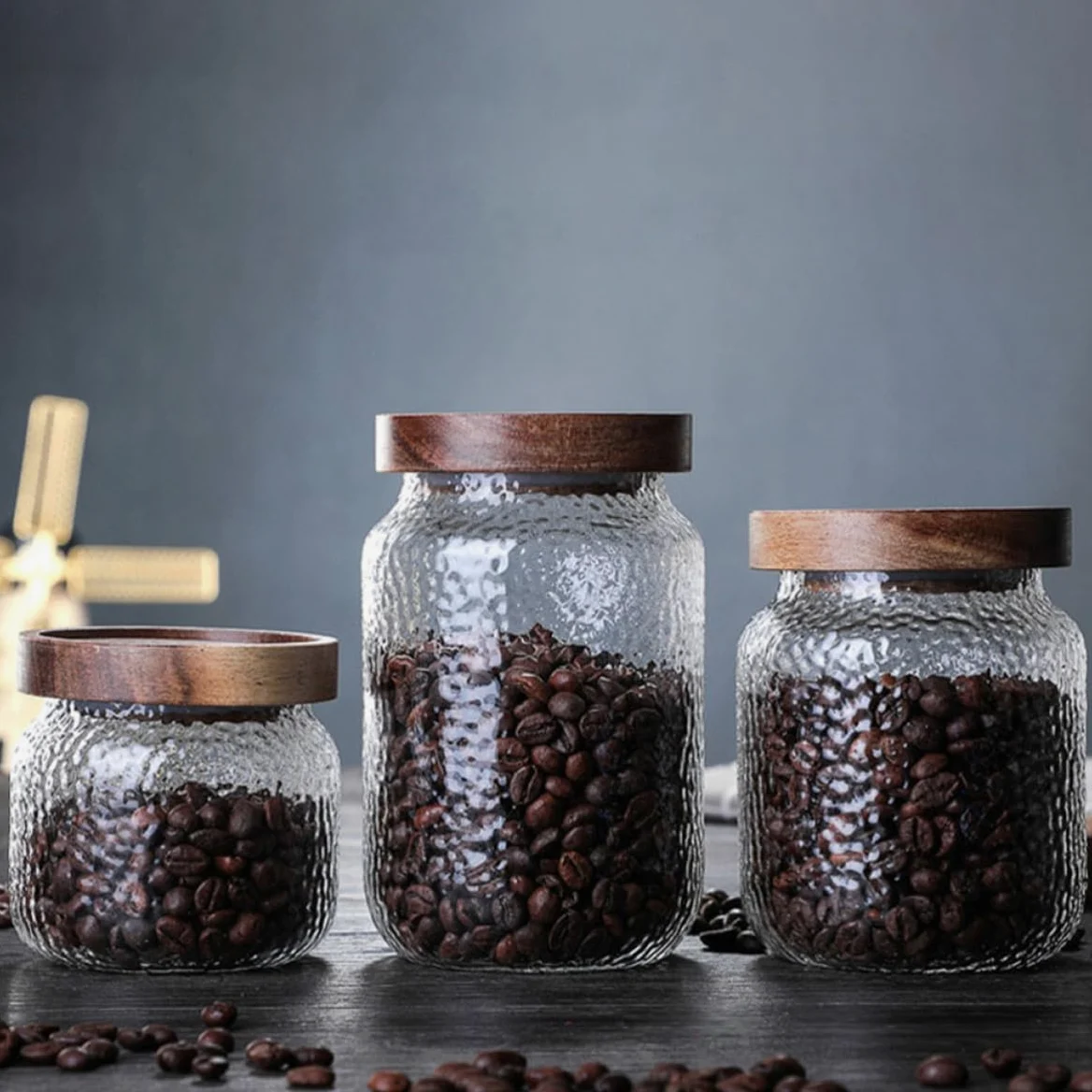 Tarros Herméticos Capacidad 350ml, 500ml y 700ml Juego de 3 de Vidrio con Tapa de Madera de Acacia Recipientes Multipropósito para Almacenamiento de Café y Té