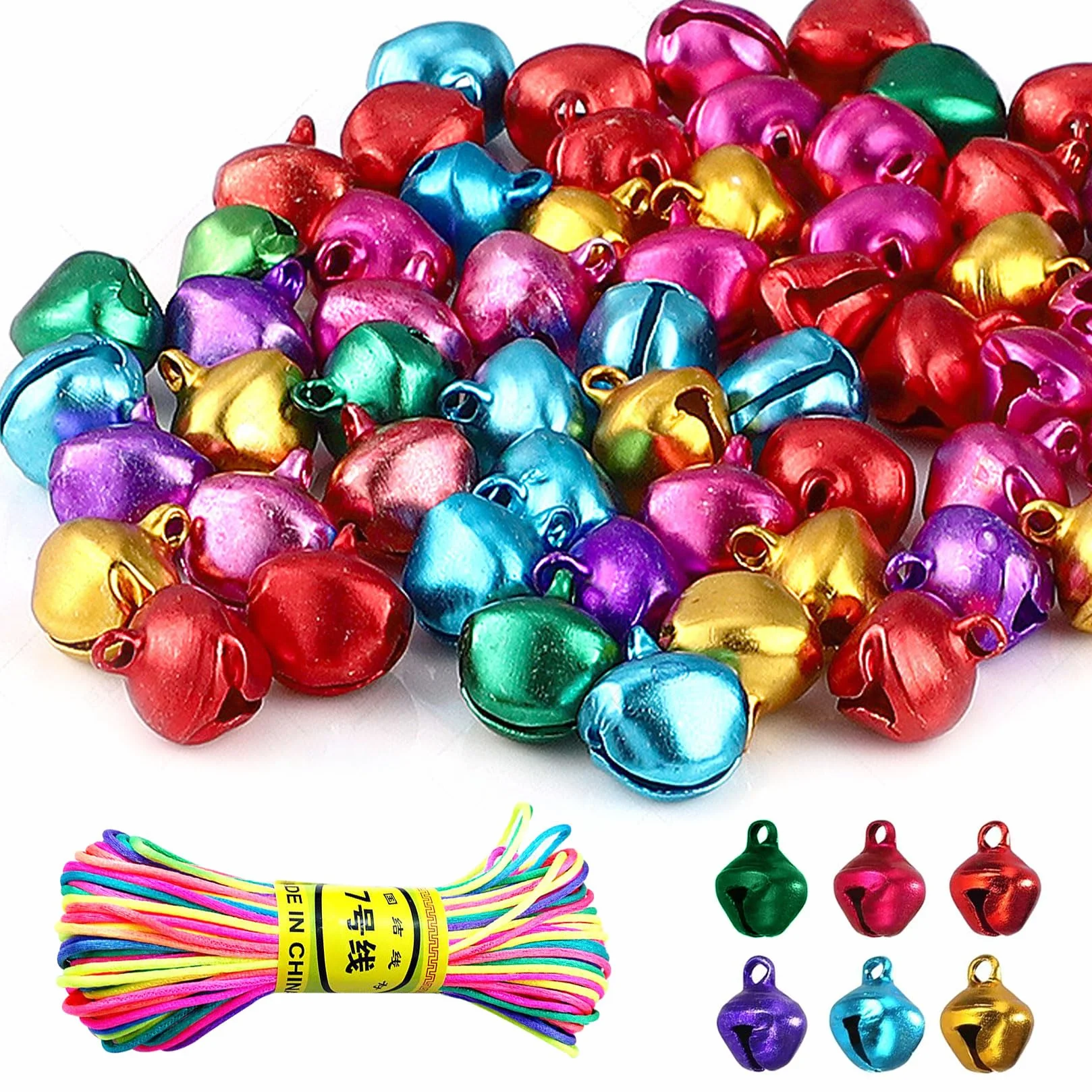 100 Pcs Cascabeles Pequeños, 14mm Campanillas Pequeñas para Manualidades, Campanillas Coloridas de Metal, Cascabeles Colores para Navideñas Joyas de Bricolaje Decoraciones + Cuerda Colorida de 20 m