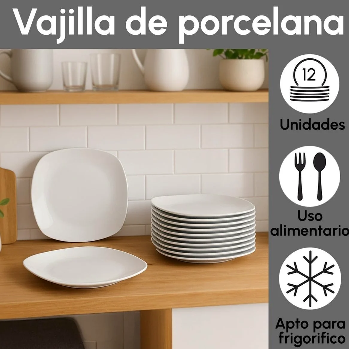 Juego de 12 platos llanos cuadrados en porcelana color blanco de 25 cm | Diseña tu propia vajilla moderna de 12 servicios. Su gran amplitud te permite servir los platos principales cómodamente.