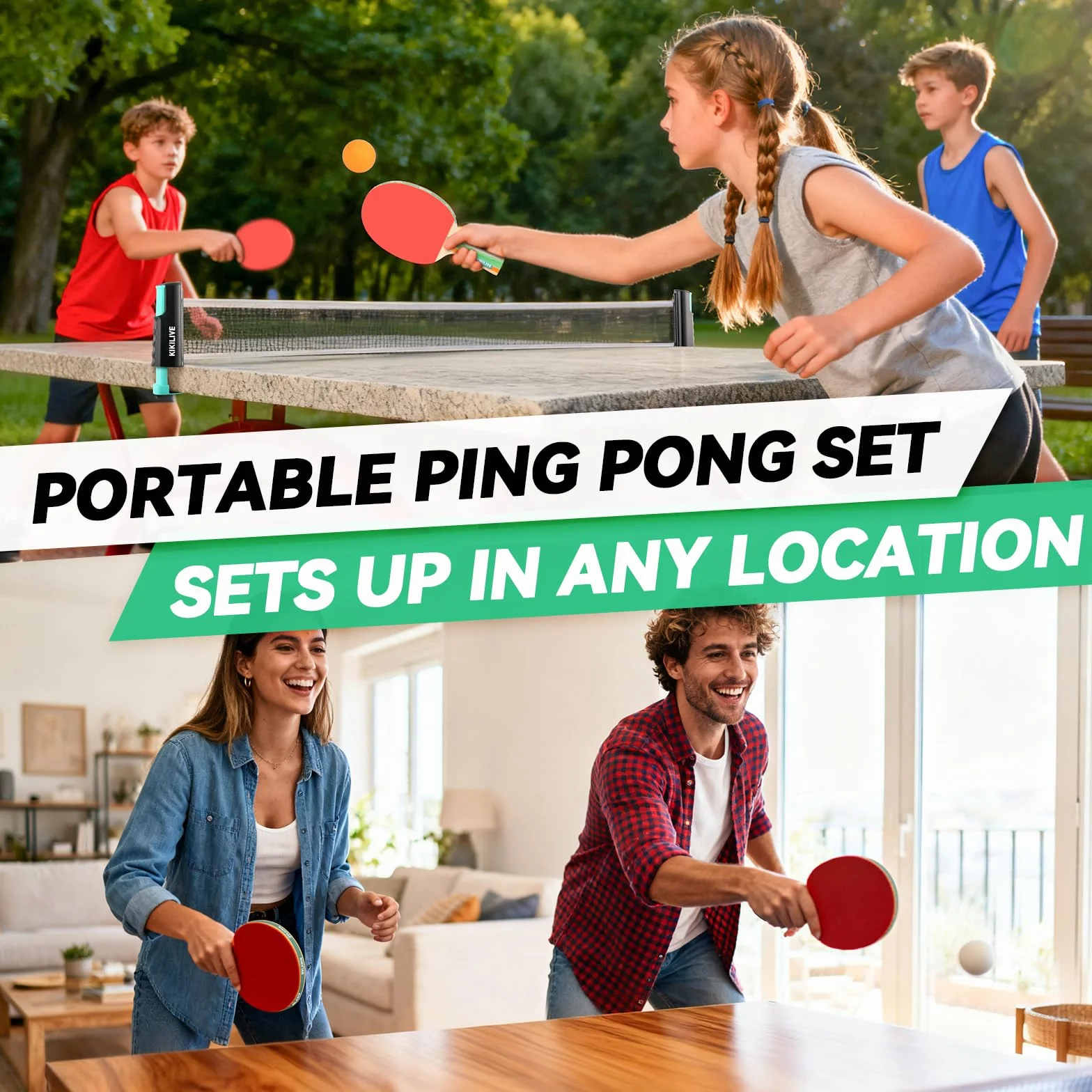 Set de Ping Pong Portátil con Red Extensible, 2 Paletas, 6 Pelotas y Bolsa de Transporte