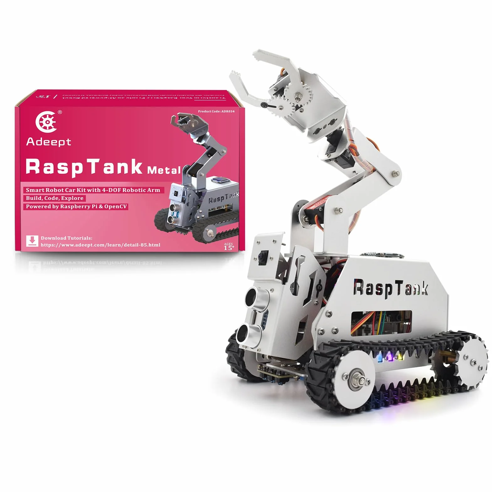 Adeept RaspTank - Kit de Coche Inteligente de Metal para Raspberry Pi 5/4B/3B/3B+ (Placa no incluida), Robot rastreado por Tanque con Brazo robótico de 4 DOF, prevención de obstáculos, Seguimiento de