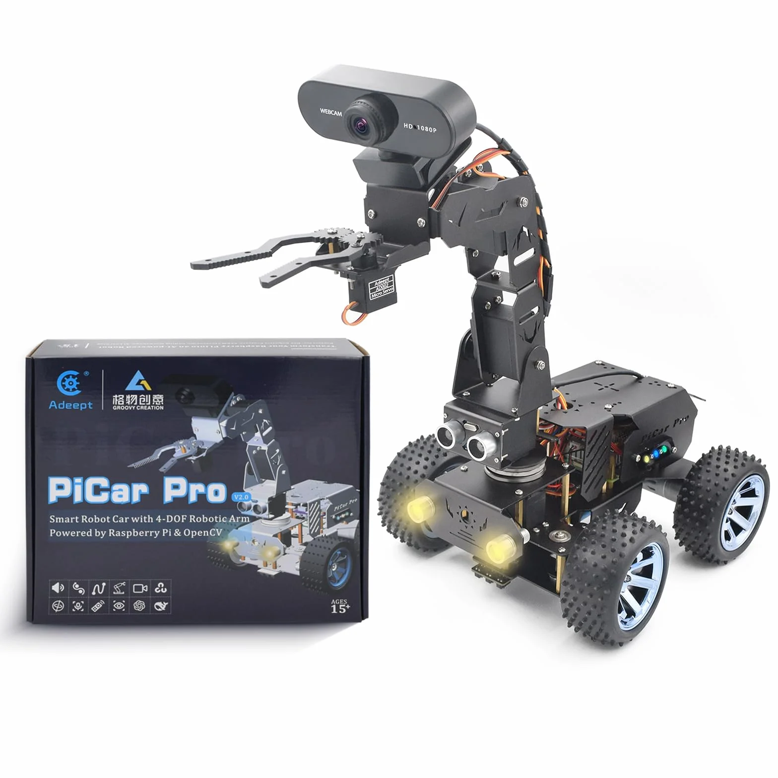Adeept PiCar Pro V2 Kit de robótica (Raspberry Pi no incluido), coche inteligente con brazo robótico de 4 DOF para Pi 5/4/3, cámara HD 1080P, OpenCV, prevención de obstáculos, seguimiento de línea