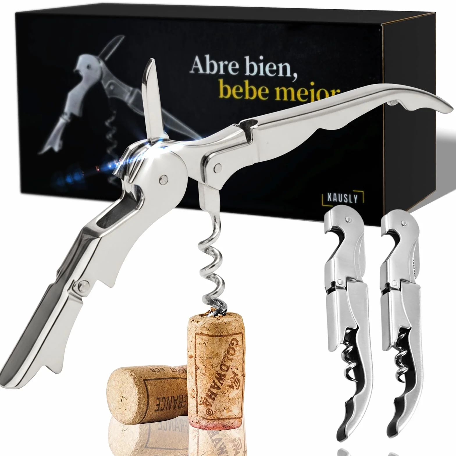 Abridor de Vino (Pack de 2) | Sacacorchos Profesional | Abrebotellas | Saca Rolhas de Acero Inoxidable | Abridor Botellas Vino Resistente (Plateado 2 Unidades)