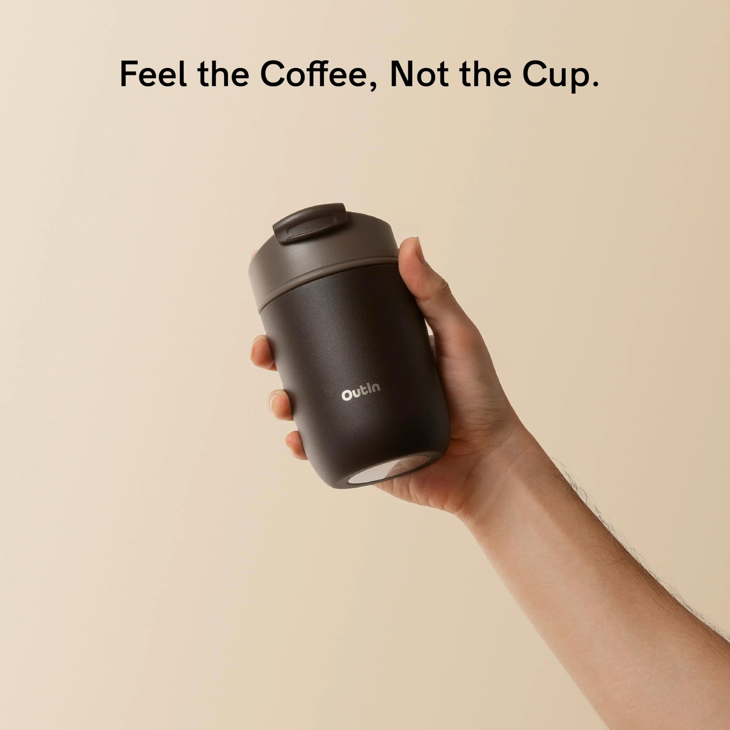 OutIn Travel Tumbler, vaso térmico de café estanco, 350 ml | Vaso de acero inoxidable con tapa abatible para bebidas calientes y frías, uso exterior, Terra Brown