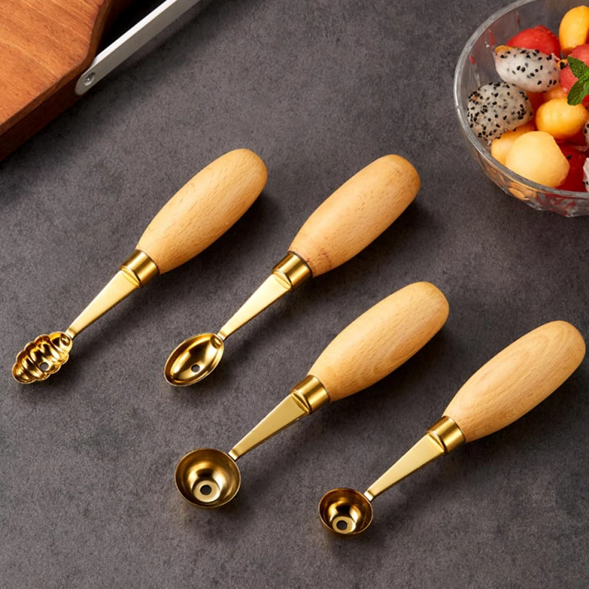 Hacer Bolas de Melón Juego de 4 Cucharas Redondas Fáciles de Usar de Acero Inoxidable y Madera Ideales para Postres Decorativos en Casa