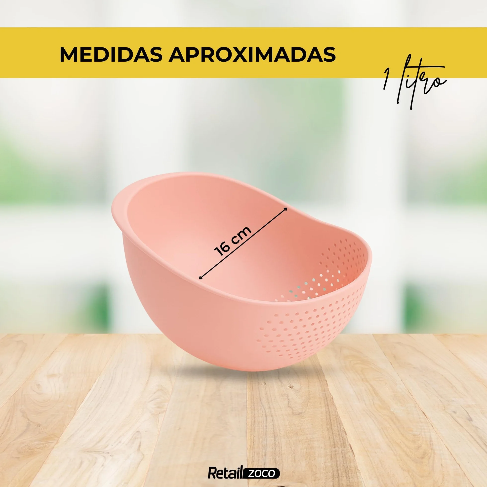 CHEFZOCO Escurridor de plástico, colador de cocina, Colador multiusos, escurridor para arroz, Tamiz alimentos, Colador para frutas y verduras, Cesta escurridora, Capacidad 1 Litro, Plástico, Rosa