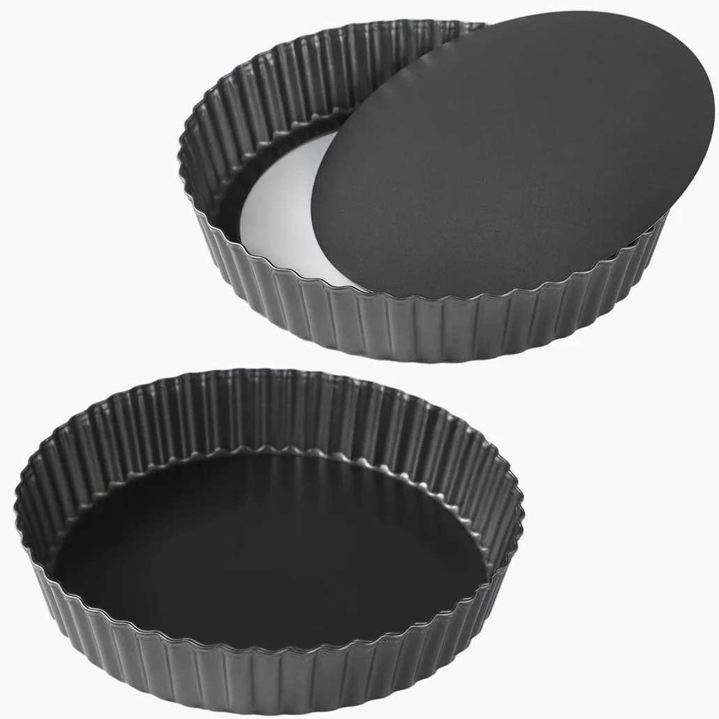 Moldes antiadherentes de 11 pulgadas con bordes estriados, parte inferior extraíble, paquete de 2 platos redondos para hornear quiche