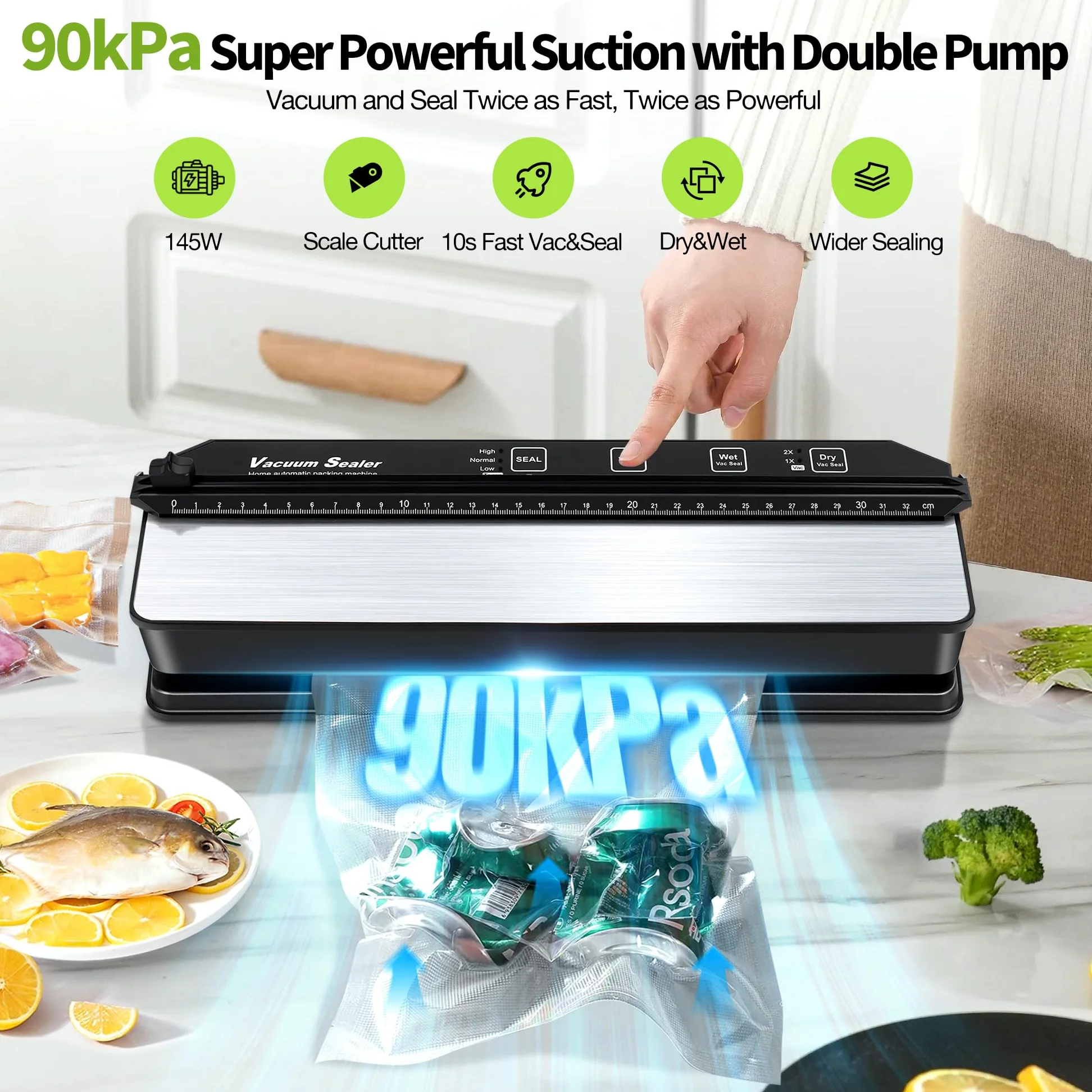 DeeprBetter Domestica Envasadora al Vacío Alimentos, 90kPa con Doble Bomba | Embasadoras Vacio Alimentos Secos&Húmedos, Todo en 1 Maquina Envasar al Vacio Alimentos con 13mm Sellado Ampliado, 15 Bolsas