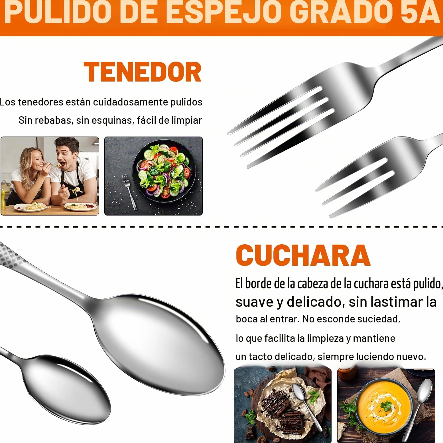 Cubiertos 40 piezas, Kit Cubiertos Individuales Acero Inoxidable para 8 personas, omprend cuchillos/tenedores/cucharas, lavable en lavavajillas, fácil de limpiar