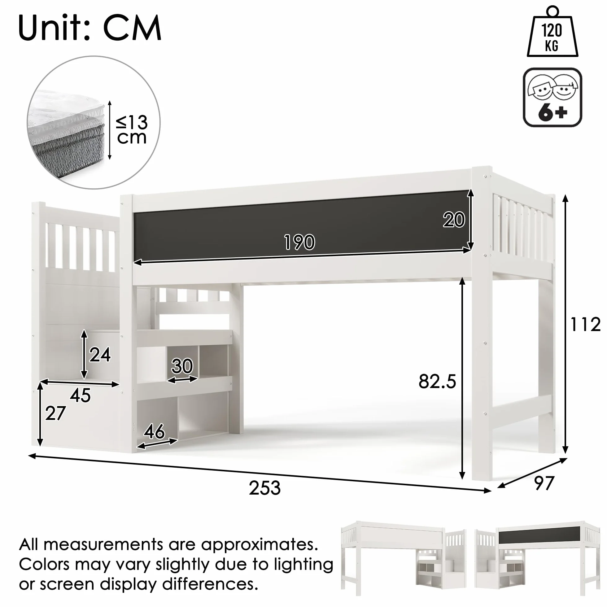 LAKFEW Cama Infantil Cama Alta 90x200 cm con Escalera de Almacenamiento y Pizarra, Camas Infantiles con Protección Anticaída, Cama para Niños, Camas Altas de Madera, Blanco, Sin Colchon