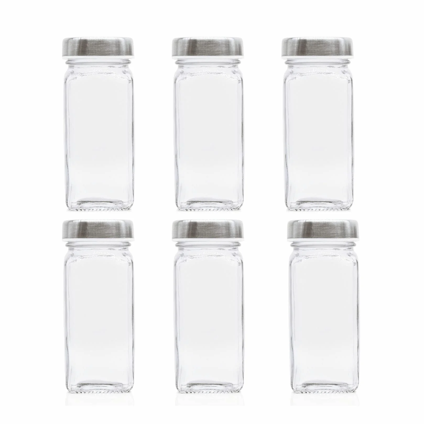 6 tarros de especias, botellas de condimento de vidrio de 4 onzas, recipiente de especias, tarros de especias vacíos, botellas cuadradas para especias con tapas herméticas de acero inoxidable con tapa