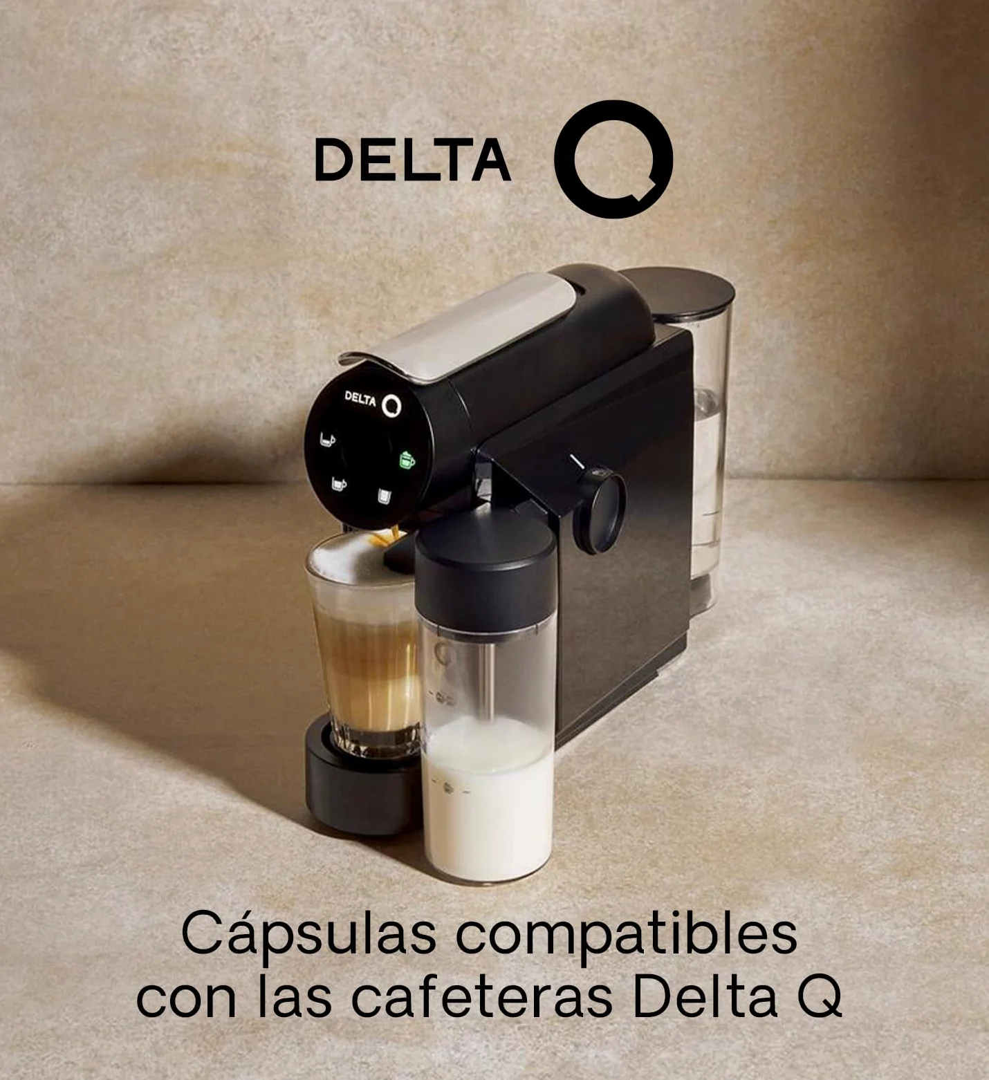 Delta Q | Cafetera Cápsulas Mini MilkQool Negro 20 Bares 0,6 L | Depósito de Leche, 40 Cápsulas Intensidad 10 + 10 Descafeinado