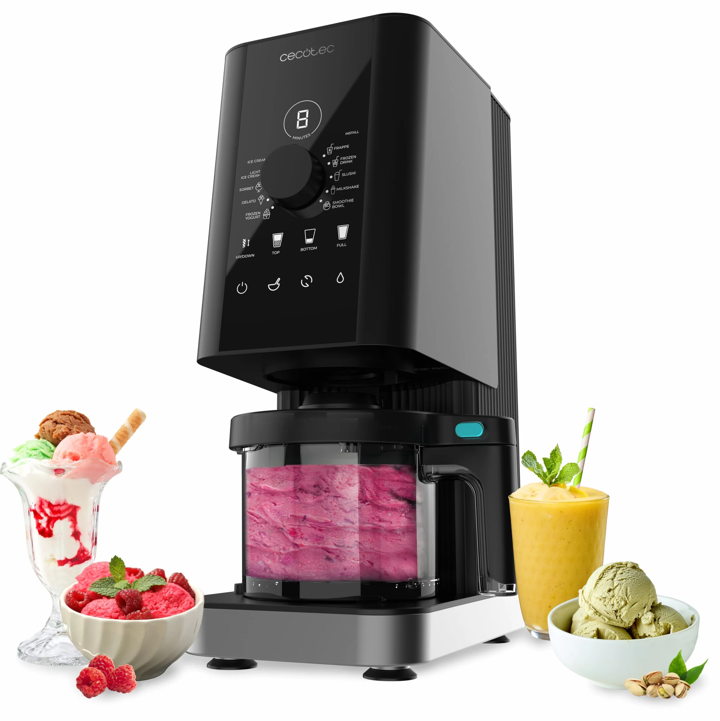 Cecotec Máquina de Helados - Heladera - 1,35L - Gelatec 1800. 700W, 10 Programas, Botones Táctiles y Mando Giratorio, Helados y Bebidas en 3 Pasos, 3 Tarrinas BPA Free, Cremosidad Perfecta
