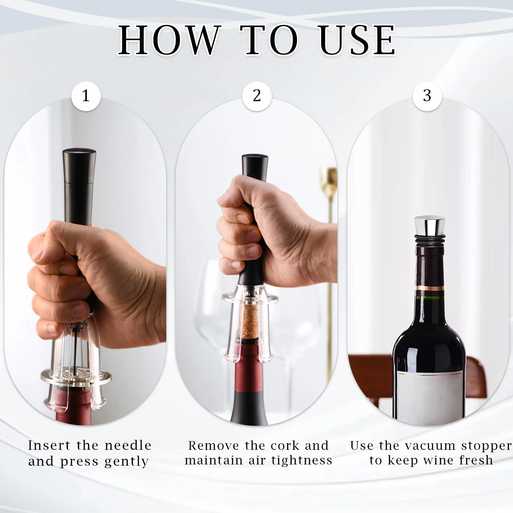 Sacacorchos de Presión de Aire, Profesional Abridor de Vino con 2 Reutilizables Tapones de Botella, Abrebotellas Portátil y Práctico para Hogar Viajes, Regalo para Amantes del Vino