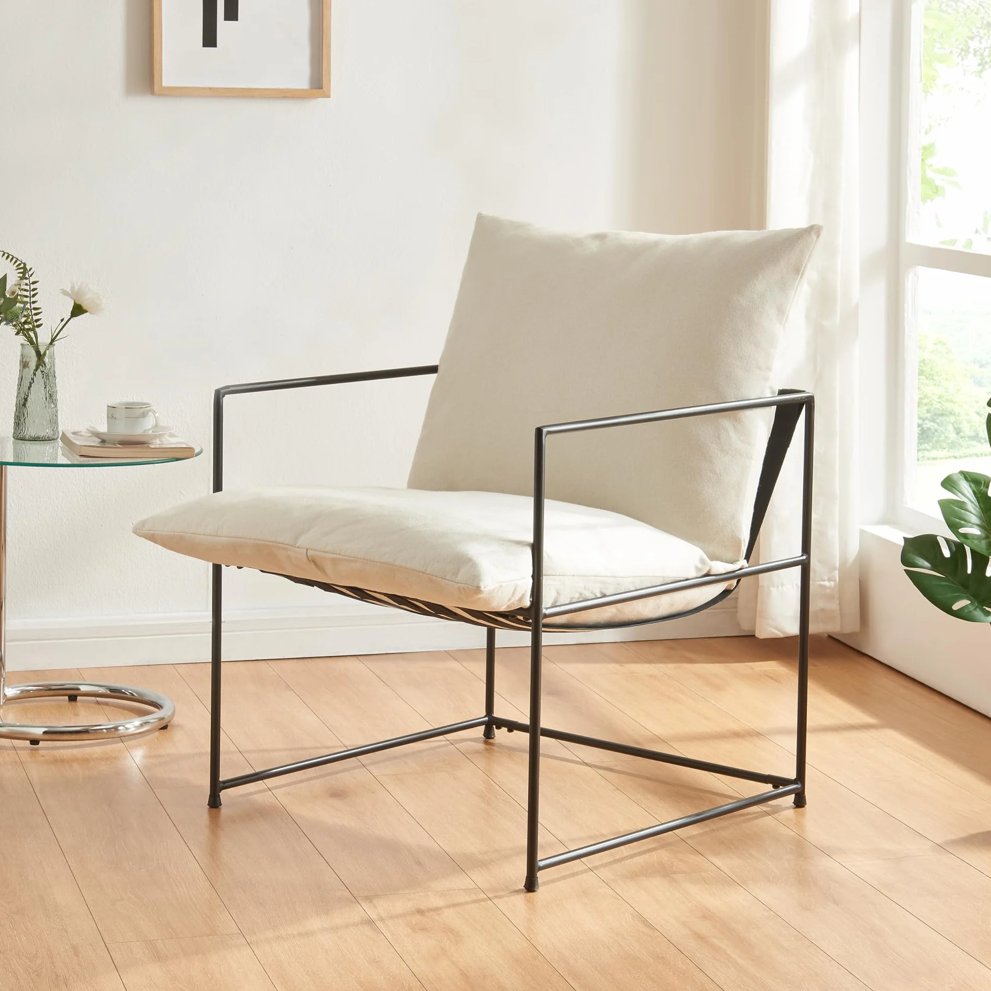 [en.casa] Sillón para Salón Utsjoki Silla Elegante con Reposabrazos Butaca con Cojin Acolchado y Lavable para Dormitorio Salón Oficina Metal/Textil 90x61x70cm - Negro/Beige