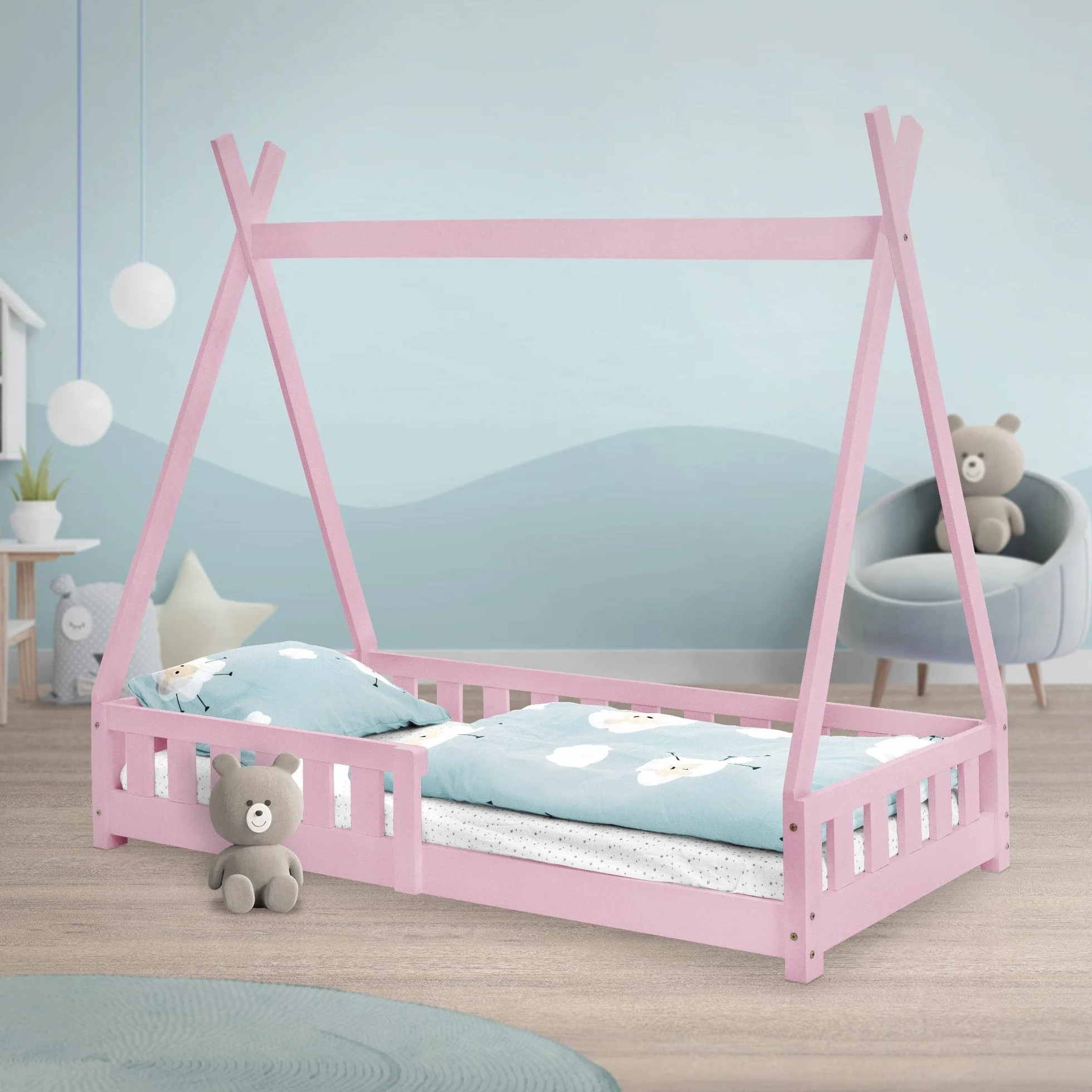 ML-Design Cama Infantil Tipi 80x160 cm con Protección Anticaída y Somier Estructura Listones de Madera de Pino Maciza Rosa Lecho Cuna de Suelo Forma de Casa Mobiliario Juego Tienda de Campaña Niños