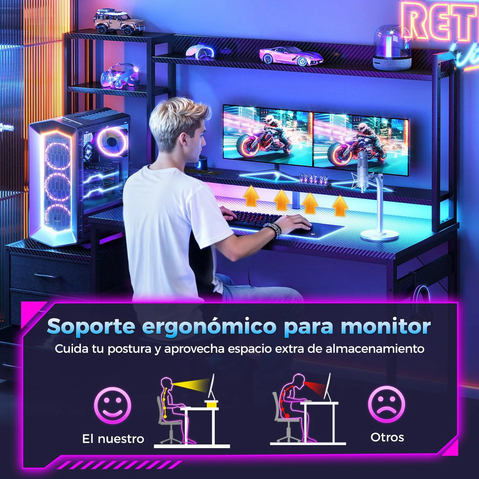 Coleshome Escritorio Gaming con Estanteria y Cajones, 137x48cm Mesa Gaming con Iluminación LED & Toma de Corriente, Escritorios para PC con Repisas de Almacenamiento, Negro Fibra de Carbono