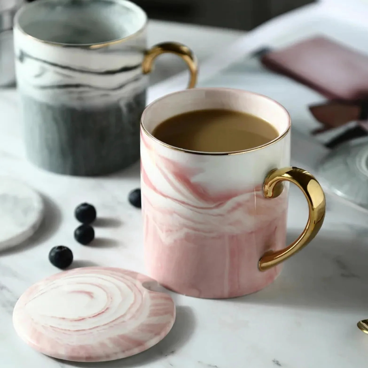 Taza de cerámica de 400ml, taza de café con borde dorado, taza de leche for té de avena for desayuno de aniversario de pareja, 1/2 Uds. Para Boda(2pcs pink blue)