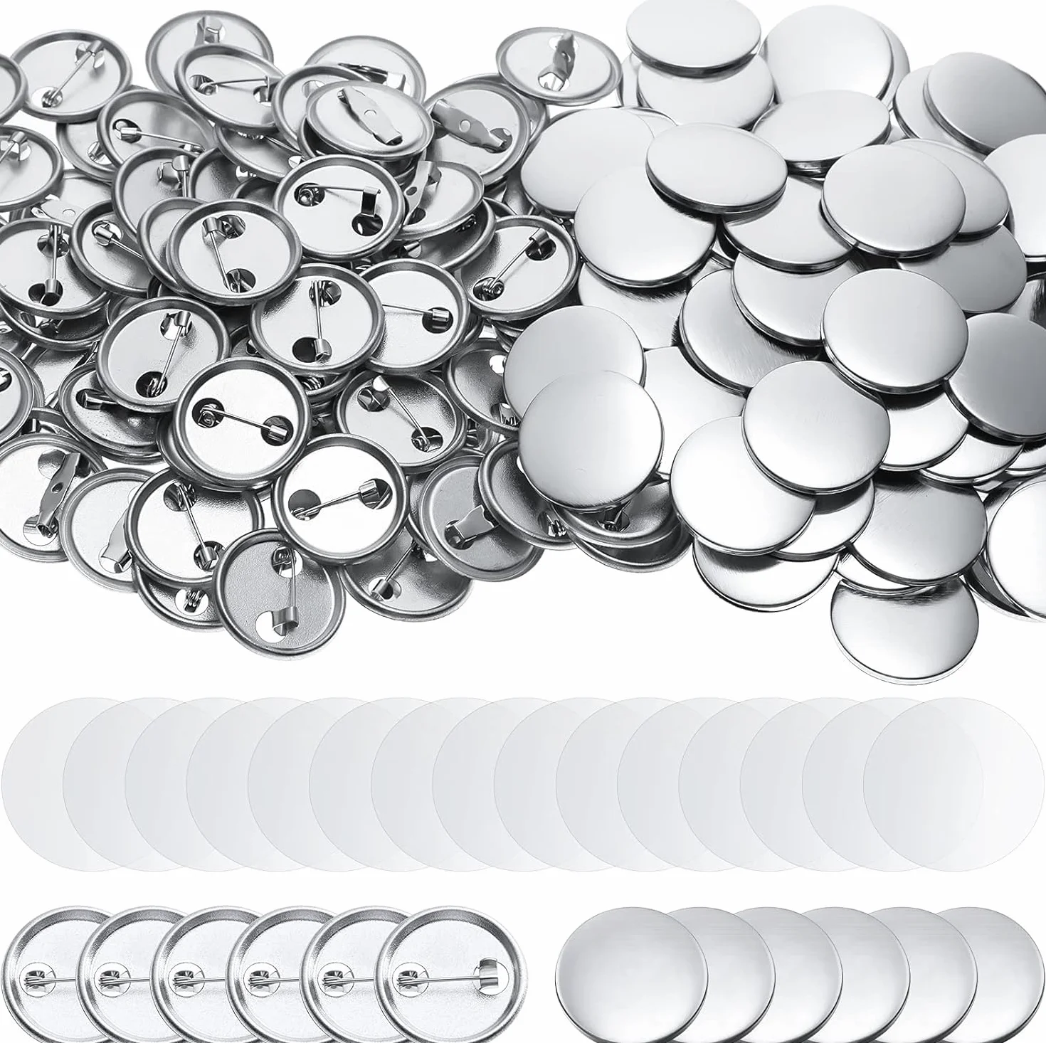 200 accesorios para hacer botones en blanco para máquina de hacer botones, 58 mm, pin redondo para insignia, parte trasera de plástico, lámina transparente y papel en blanco, 58 mm
