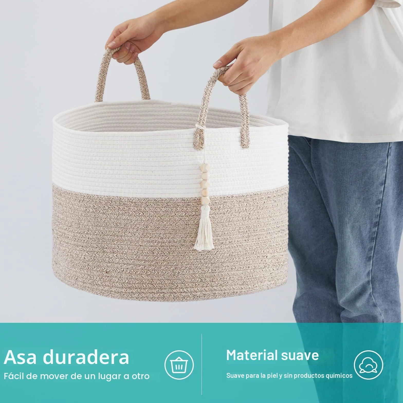 YOUDENOVA Cesta de lavandería con cuentas colgantes de madera, cesta de almacenamiento de juguetes para niños, cesta de manta de cuerda de algodón grande, cesta de almacenamiento tejida para