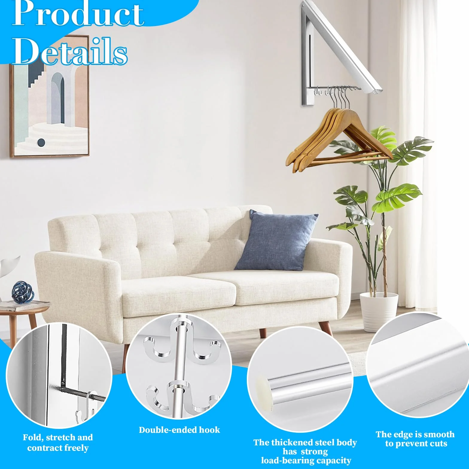 Percha Plegable De Secado Retráctil, Percha De Pared De Aluminio Organizador Plegable, Perchero Plegable De Aluminio Con Ganchos, Ahorrar Espacio para Lavadero, Dormitorio, Balcón, Baño