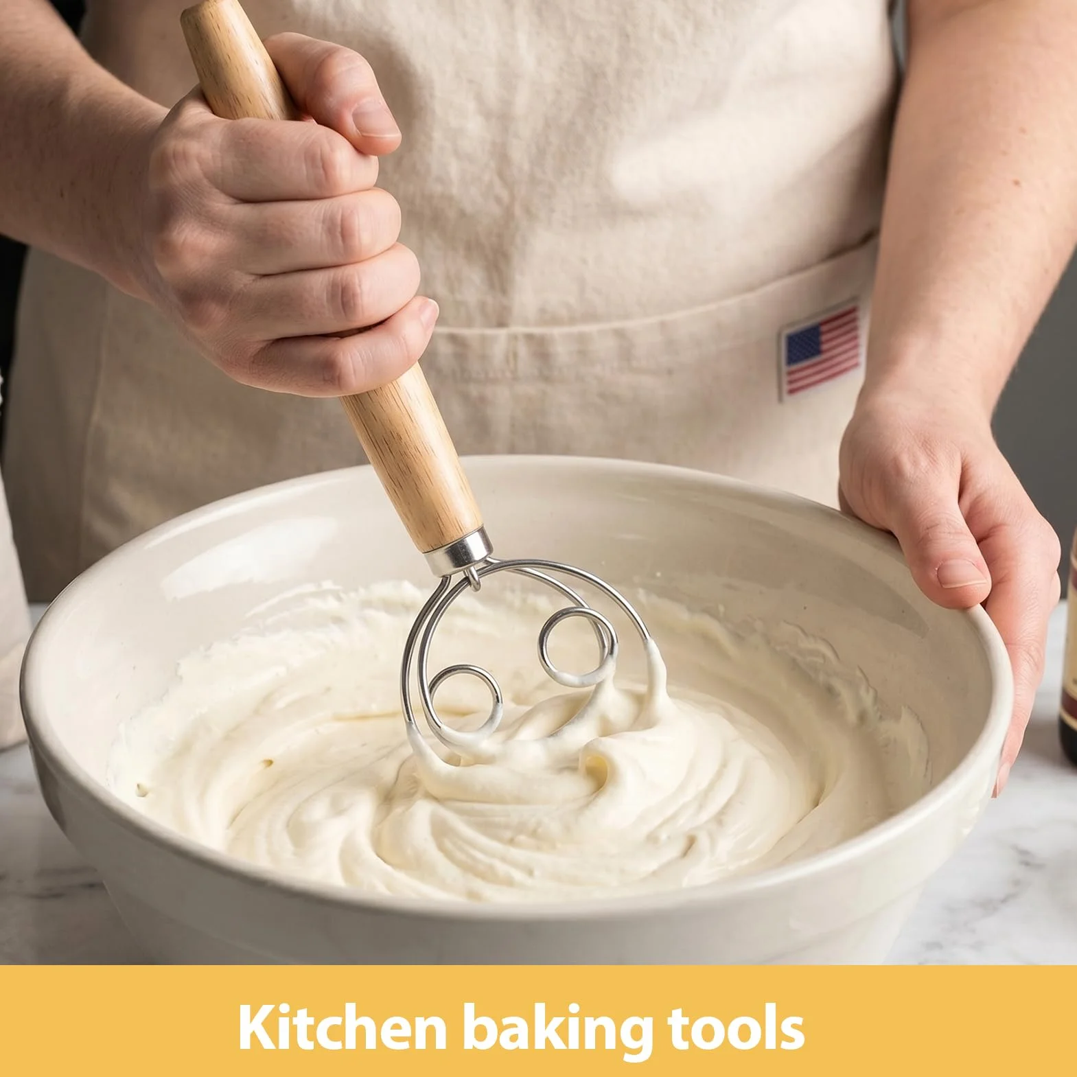 Batidor de Masa Danés de Acero Inoxidable con Mango de Madera,Doble Espiral, Mezclador de Masa para Pan, Masa de Pizza, Pastelería, Herramienta de Panadería, Mezclador de Mano