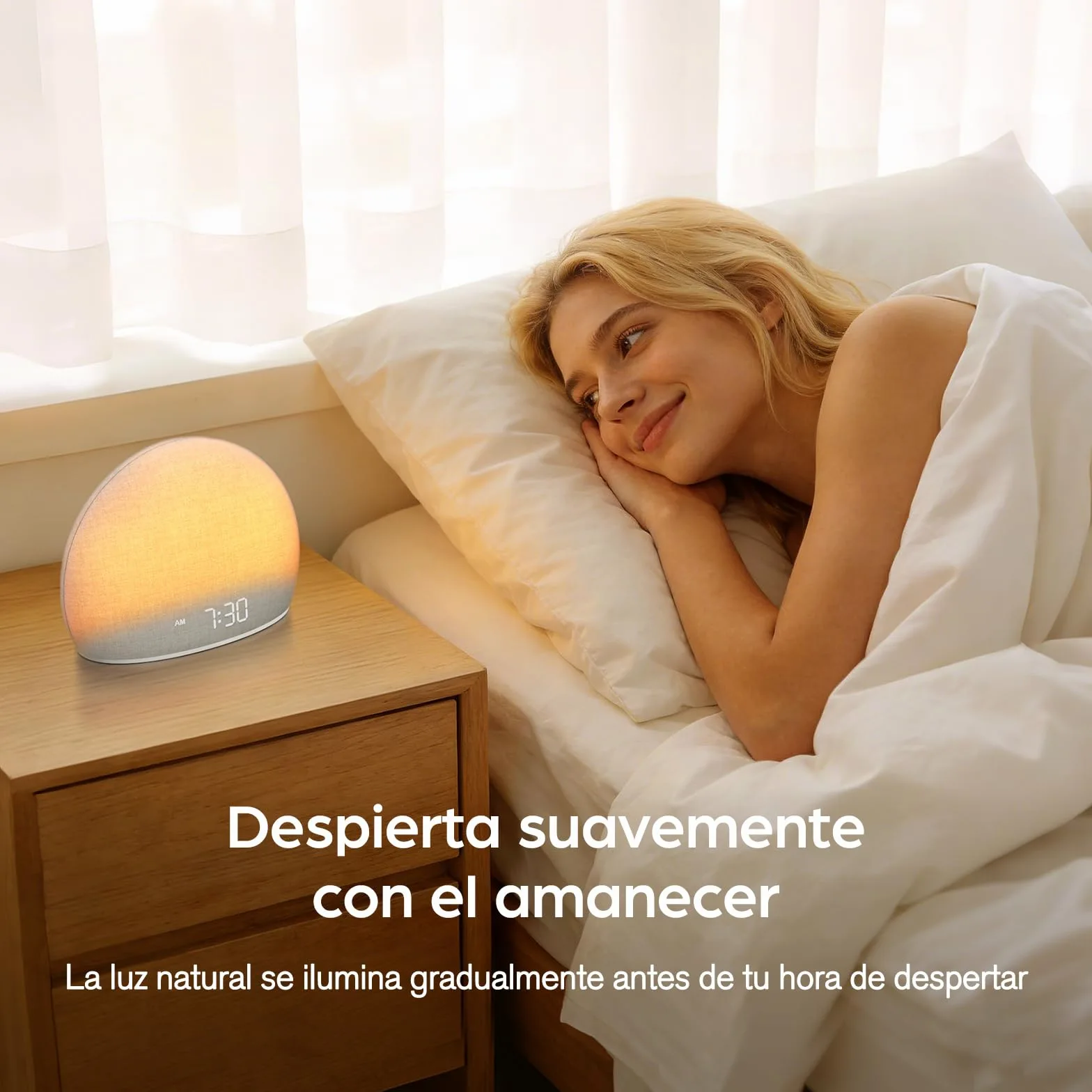 DOUMOSH Despertador con Luz de Amanecer y Máquina de Ruido Blanco | Luz Natural con Alarma Suave, 20 Sonidos Relajantes, Pantalla Regulable, Diseño sin Pantalla