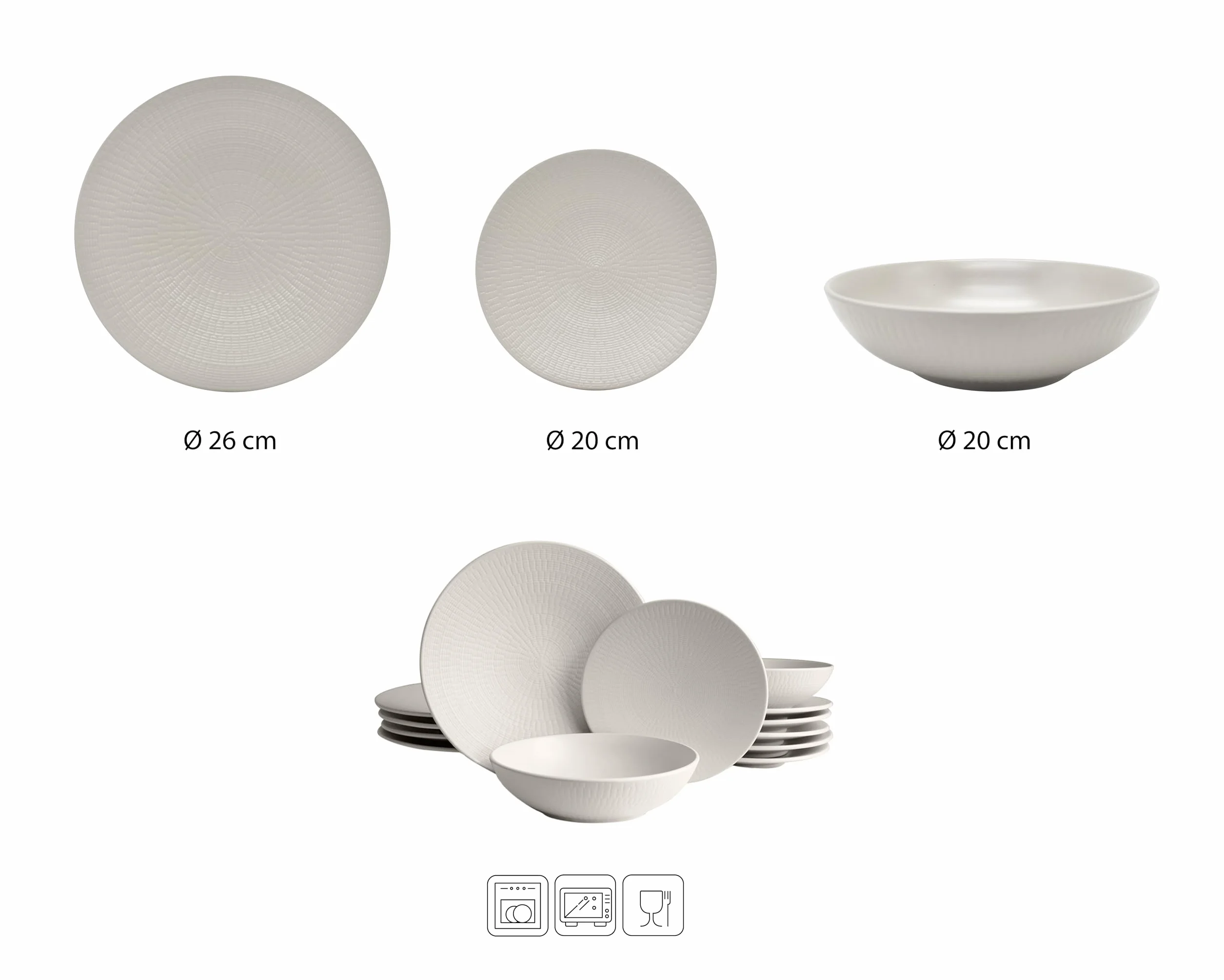ECHTWERK Vajilla vintage de 18 piezas, diseño "Blanka" nature, para 6 personas, Elegante vajilla con estructura de gres con 6 x platos llanos, 6 x platos hondos, crema