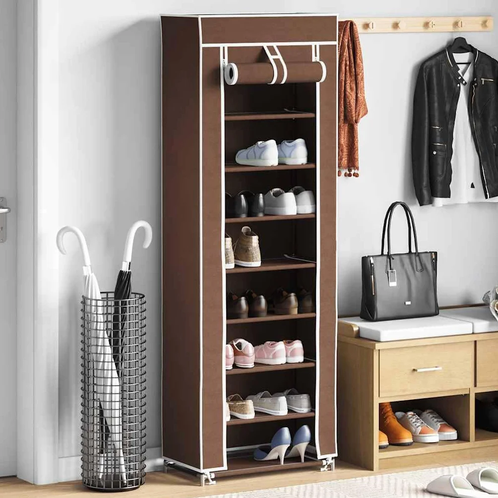 Armario para zapatos (8 capas, tejido no tejido marrón, 57 x 29 x 162 cm, ahorra espacio, apilable para pasillo, dormitorio, pasillo, pasillo, almacenamiento cerrado para hasta 20 pares de