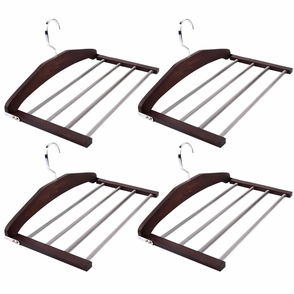 Perchas de Madera para Ropa y Pantalones, 4 Unidades Multifuncionales Sistema Antideslizante, Aptas para Colgar y Secar en Espacios Reducidos