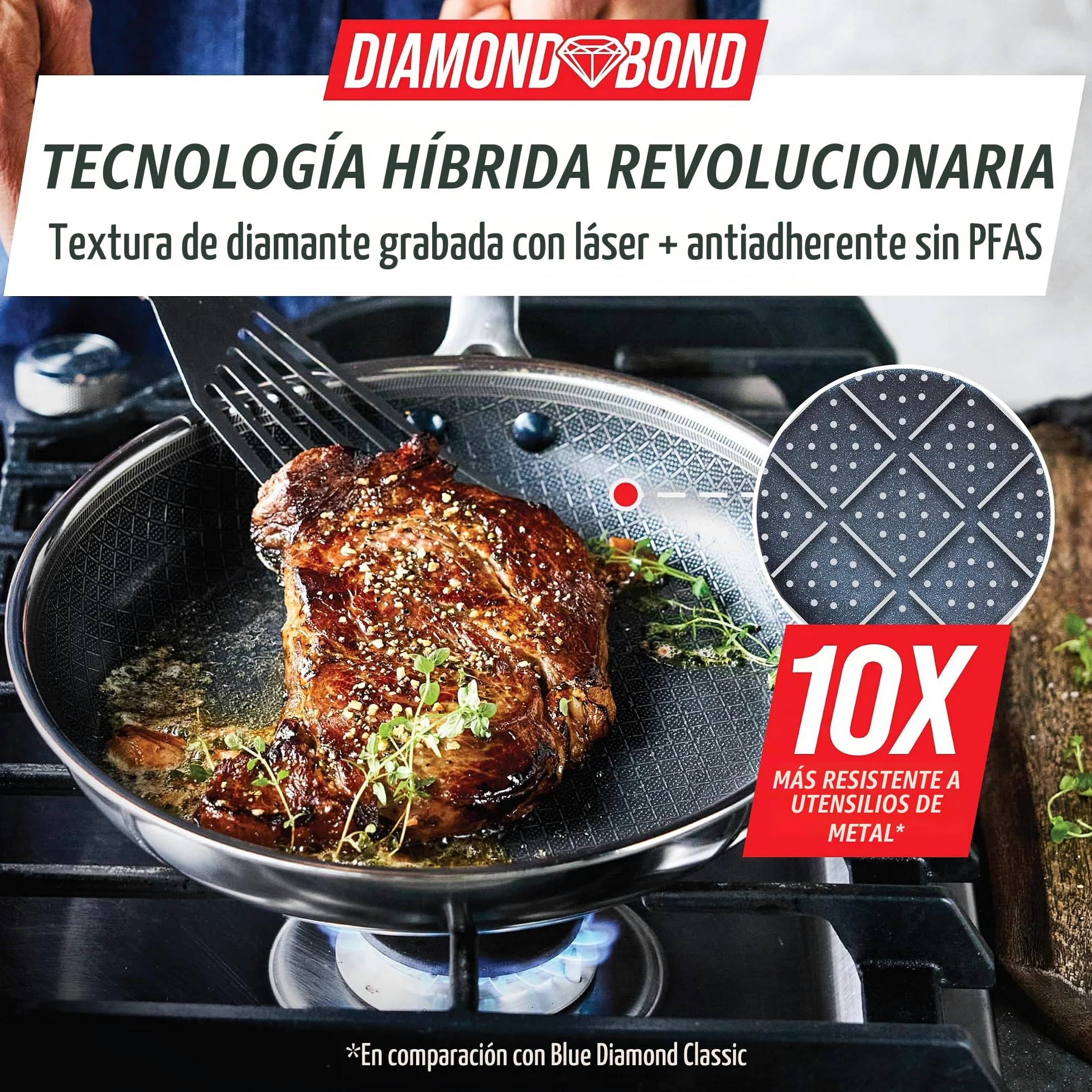 Blue Diamond Sartén híbrida antiadherente de acero inoxidable, 28 cm, sin PFAS, sartén de cerámica Diamond Bond para asar potentes, huevos y tortillas, apto para lavavajillas, mango fresco, inducción