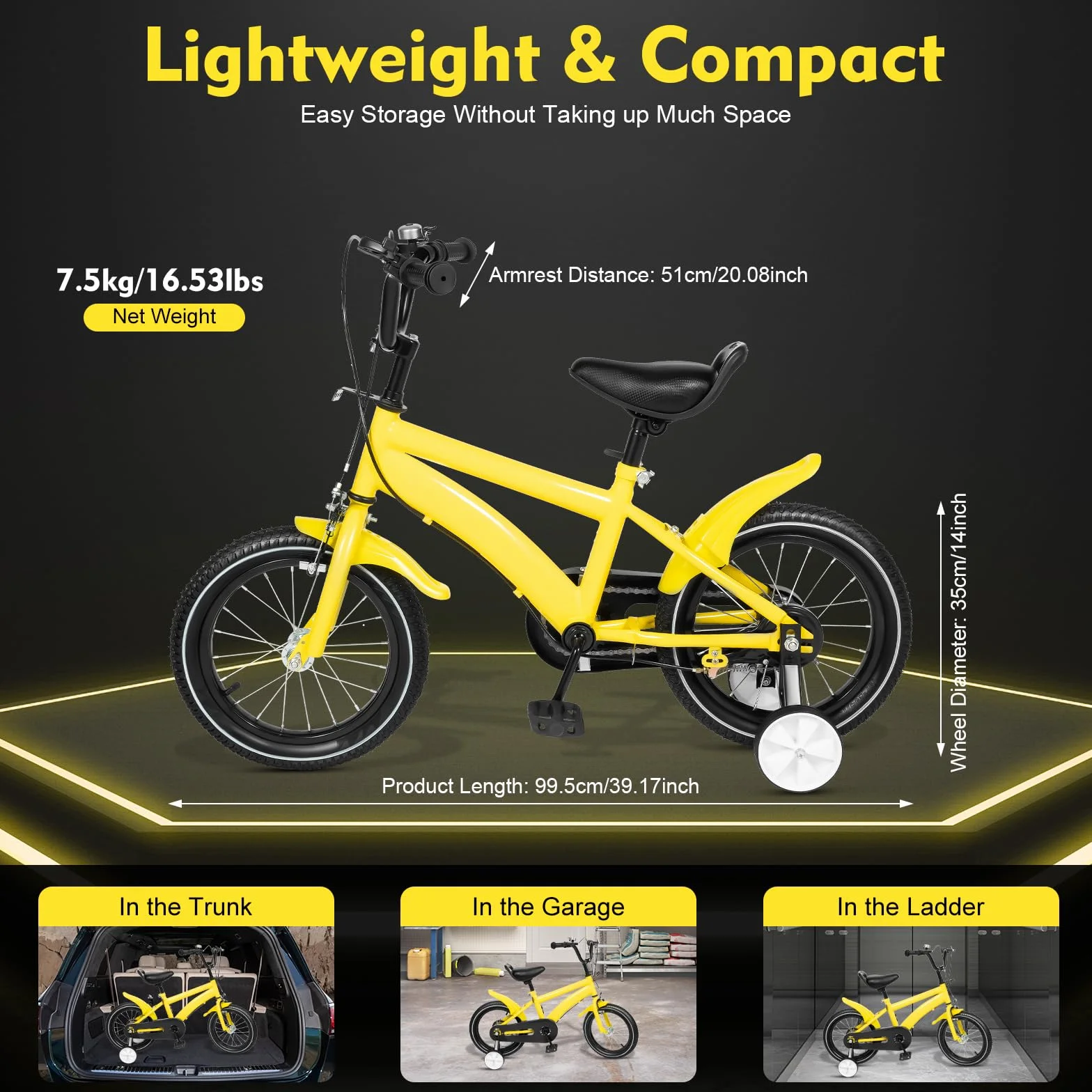 Bicicleta infantil 14 pulgadas con ruedas estabilizadoras para niños 3-6 años 56-67 cm altura