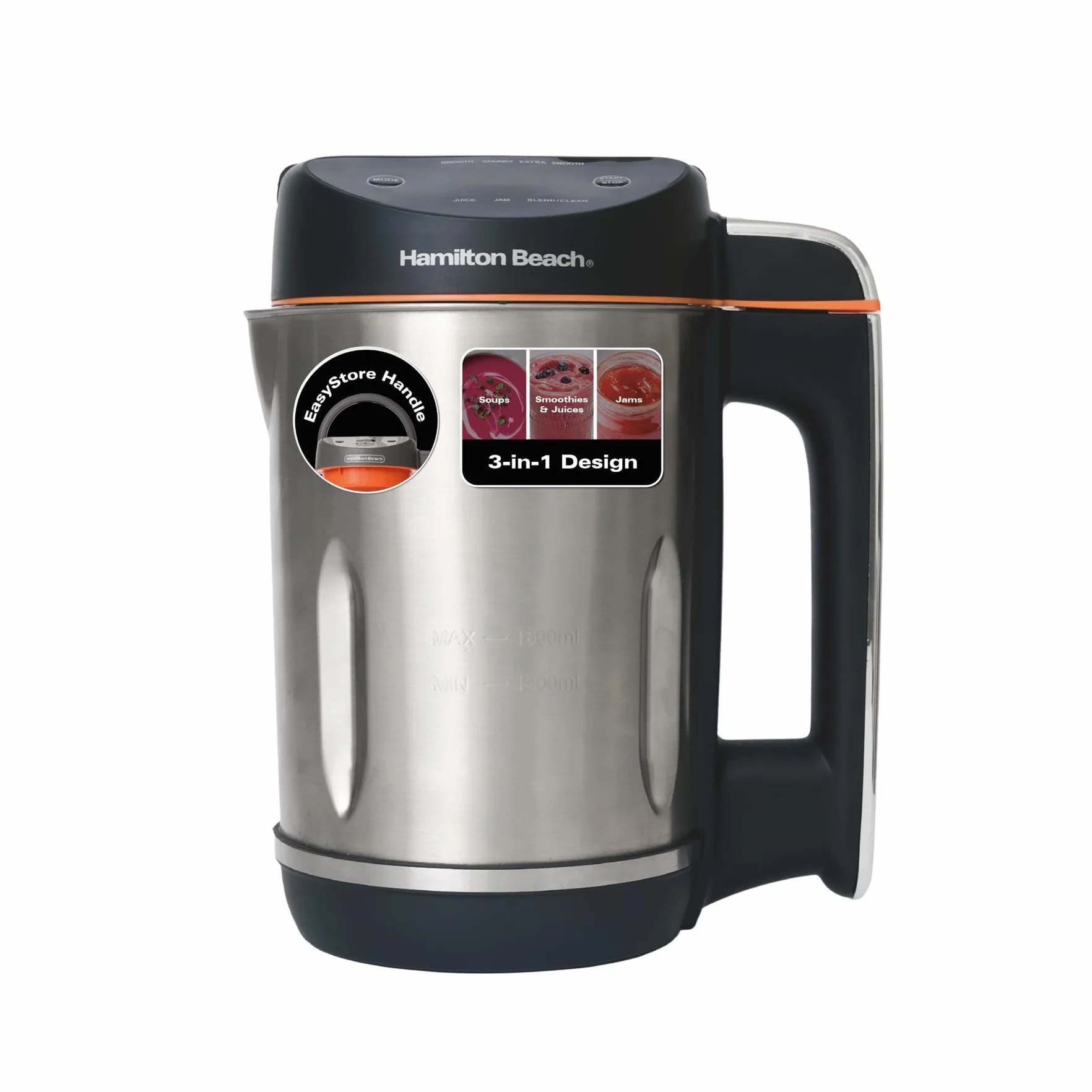 Hamilton Beach Máquina de sopa, licuadora de batidos y mermelada 3 en 1, 1.6 L, pantalla digital en ángulo de fácil lectura, sensor de agitación automática y derrame, hace 4-6 porciones de sopa, fácil