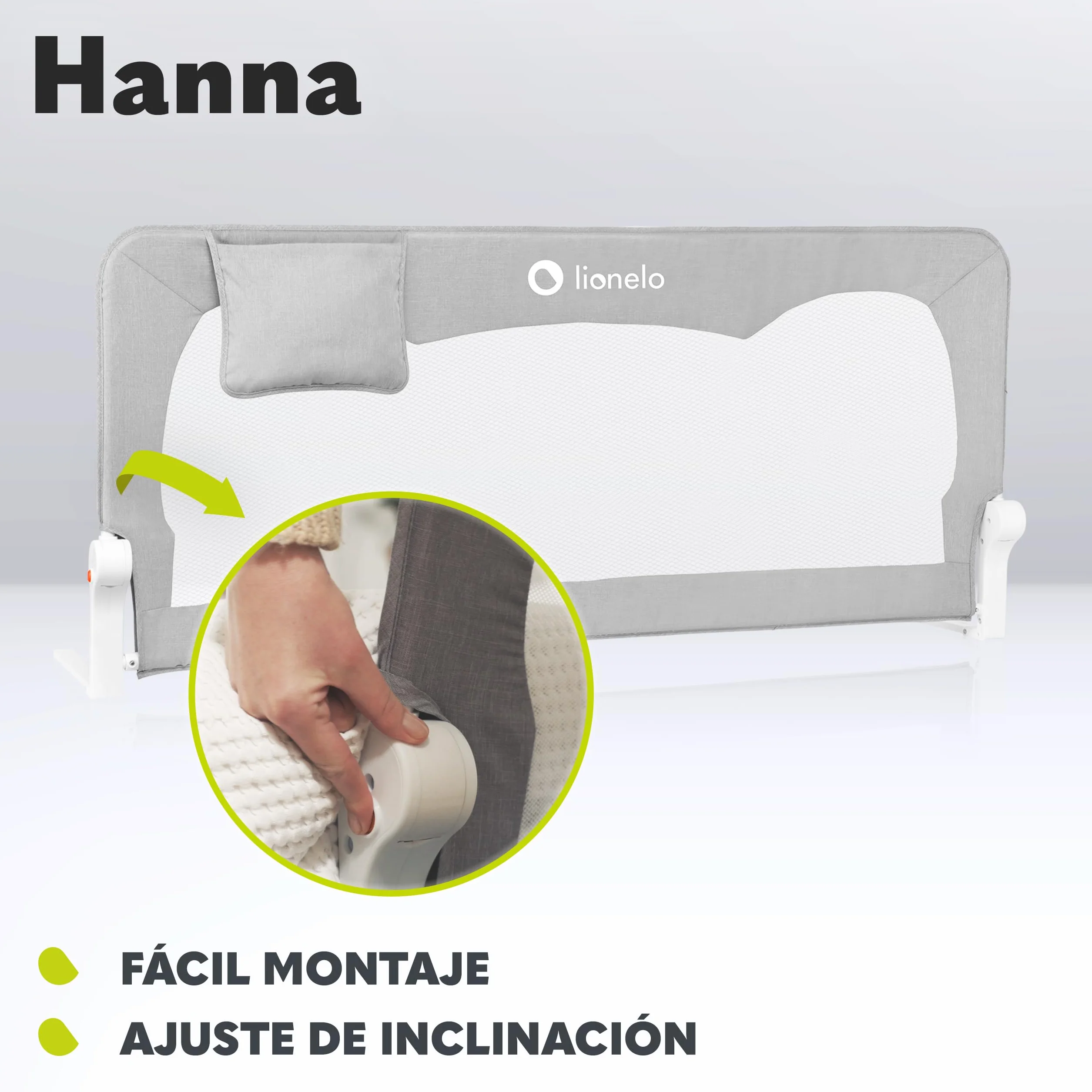 lionelo Hanna Barrera de Cama 150 x 65 cm – Protección contra Caídas con Cinturones SecureBelt, Apta para la mayoría de los colchones, Malla Transpirable, Fácil Montaje