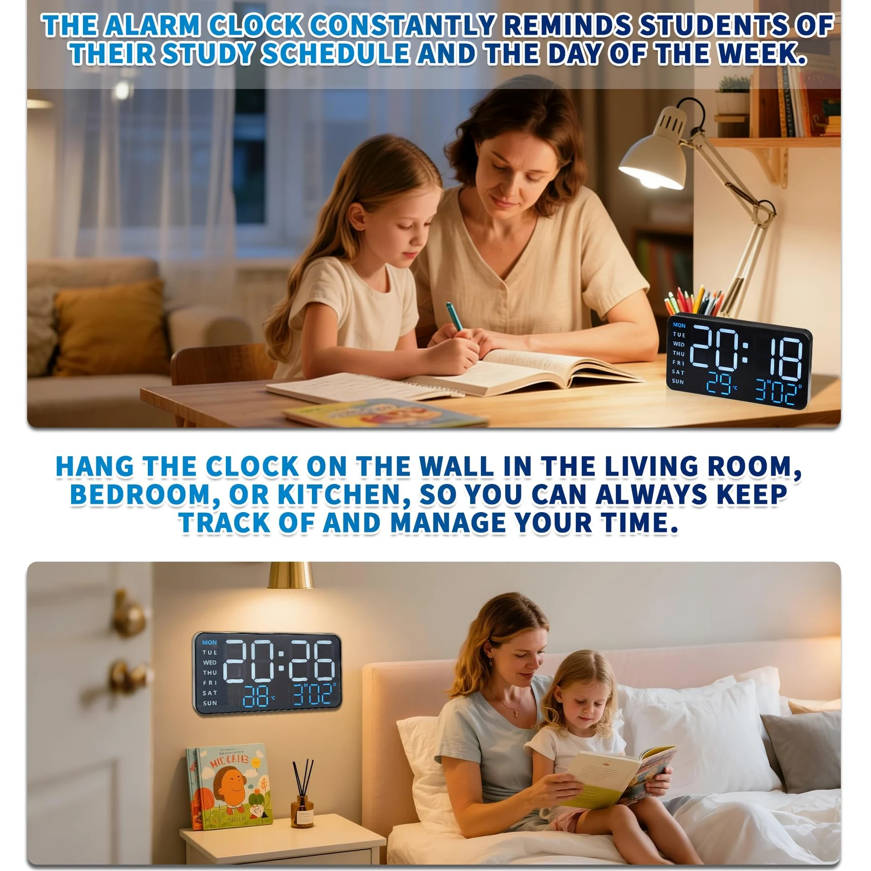 KCKJ Reloj despertador digital grande para dormitorio y hogar, con visualización de temperatura, fecha y día de la semana, brillo y volumen ajustables, doble uso para escritorio o montaje en pared