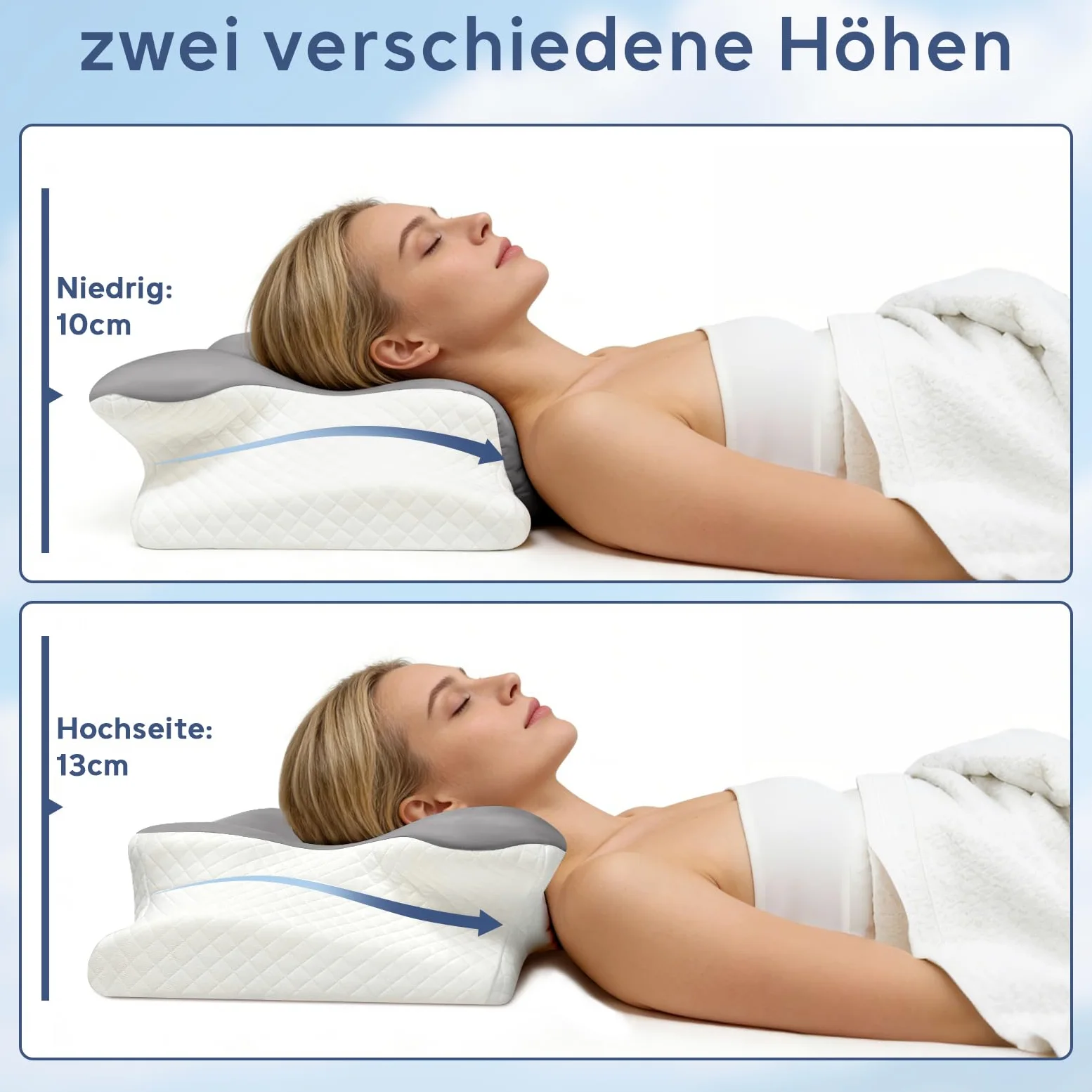 Almohada cervical de espuma viscoelástica para el cuello, almohada ergonómica para los lados, la espalda y el estómago, almohada ortopédica, suave y cómoda (60 x 40 x 13 cm, gris)