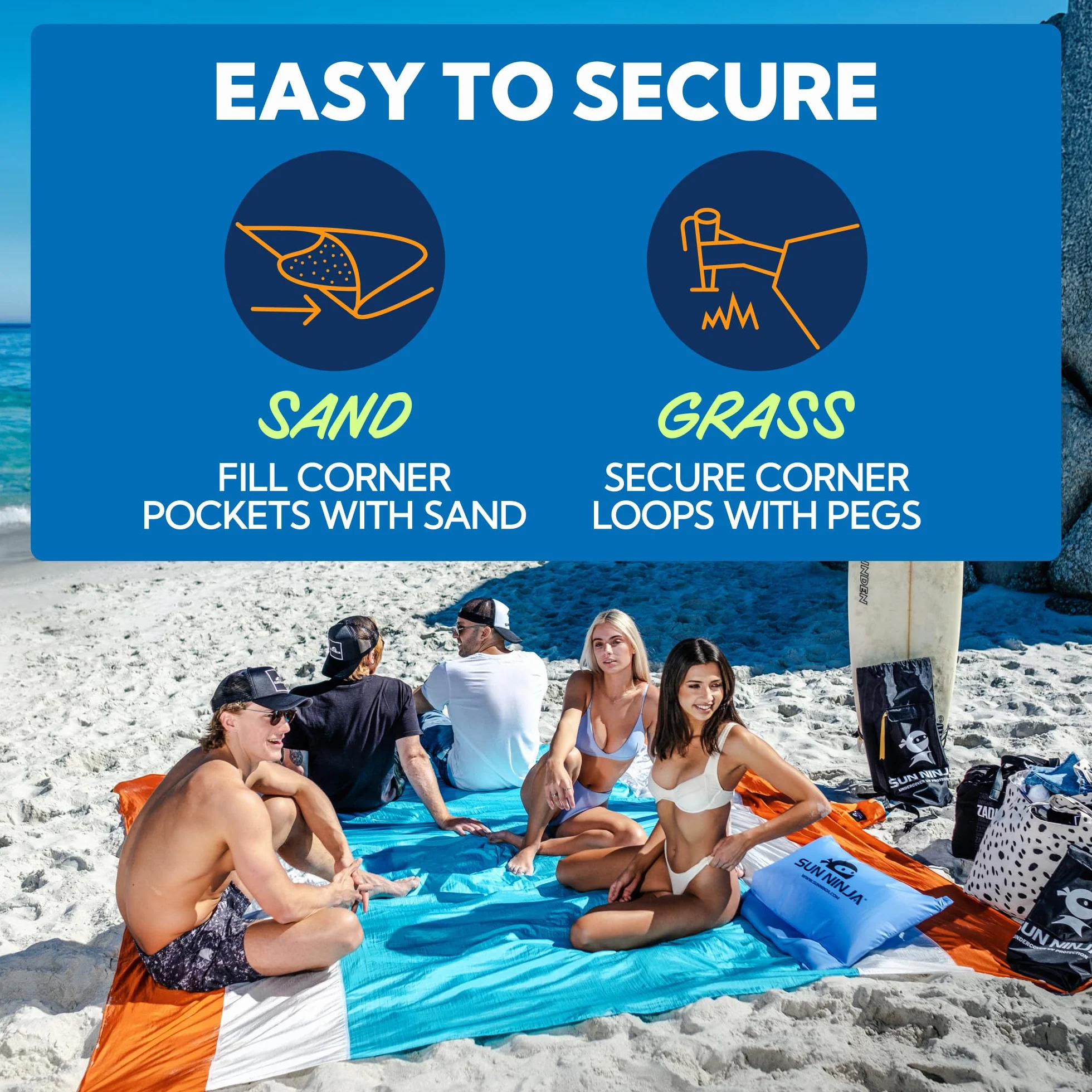 SUN NINJA Sand Proof Beach Blanket 10'x9' Lightweight Quick Dry with Travel Bag