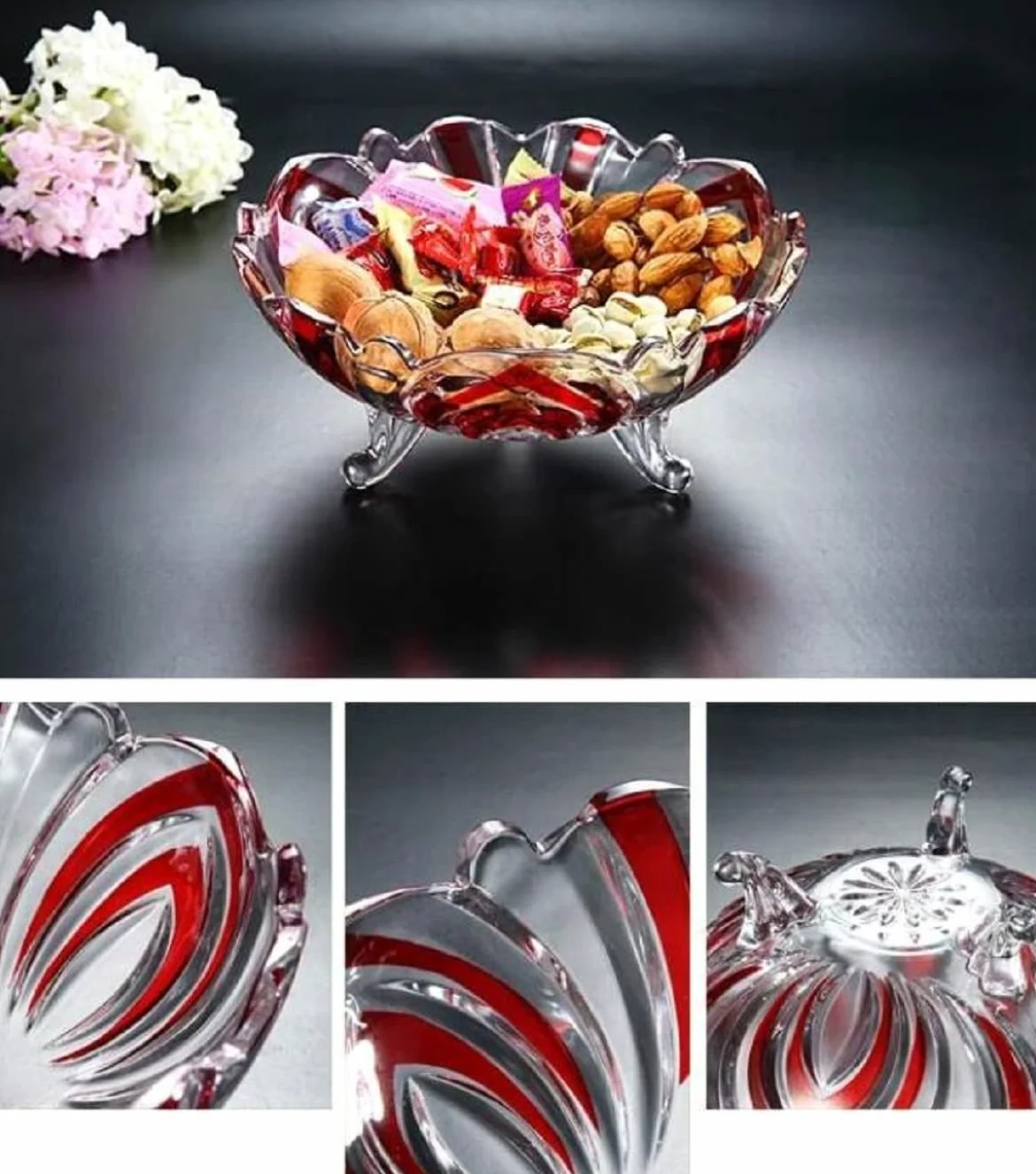 Bol Grande De Cristal para Frutas, 24 Cm, Color Beige, para Dulces Y Servir. Bandeja Multiusos para El Hogar Y La Oficina. Red