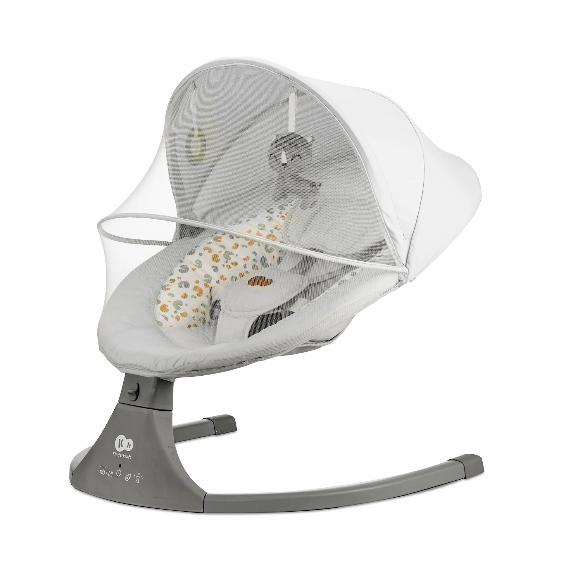 Kinderkraft Hamaca LUMI 2, Columpio eléctrico para bebés, Desde el nacimiento hasta los 9 meses, Altura regulable, 5 modos, 12 melodías, Arco con juguetes, Gris claro