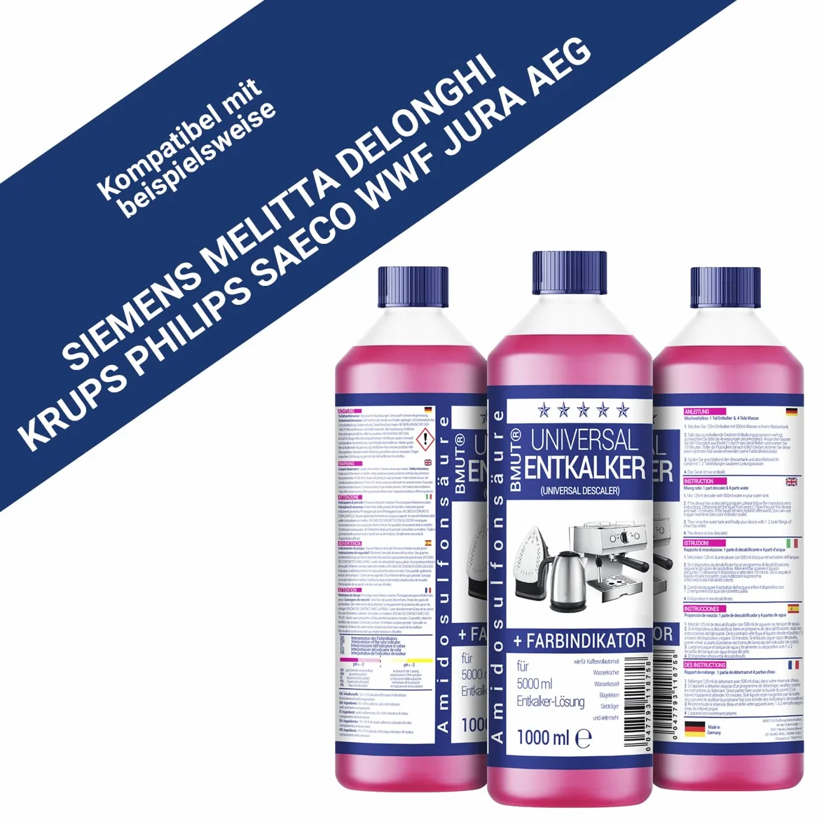 Descalcificador universal de 1000 ml para cafeteras automáticas y máquinas de café, para 8 operaciones de descalcificación 125 ml cada una, 6 botellas