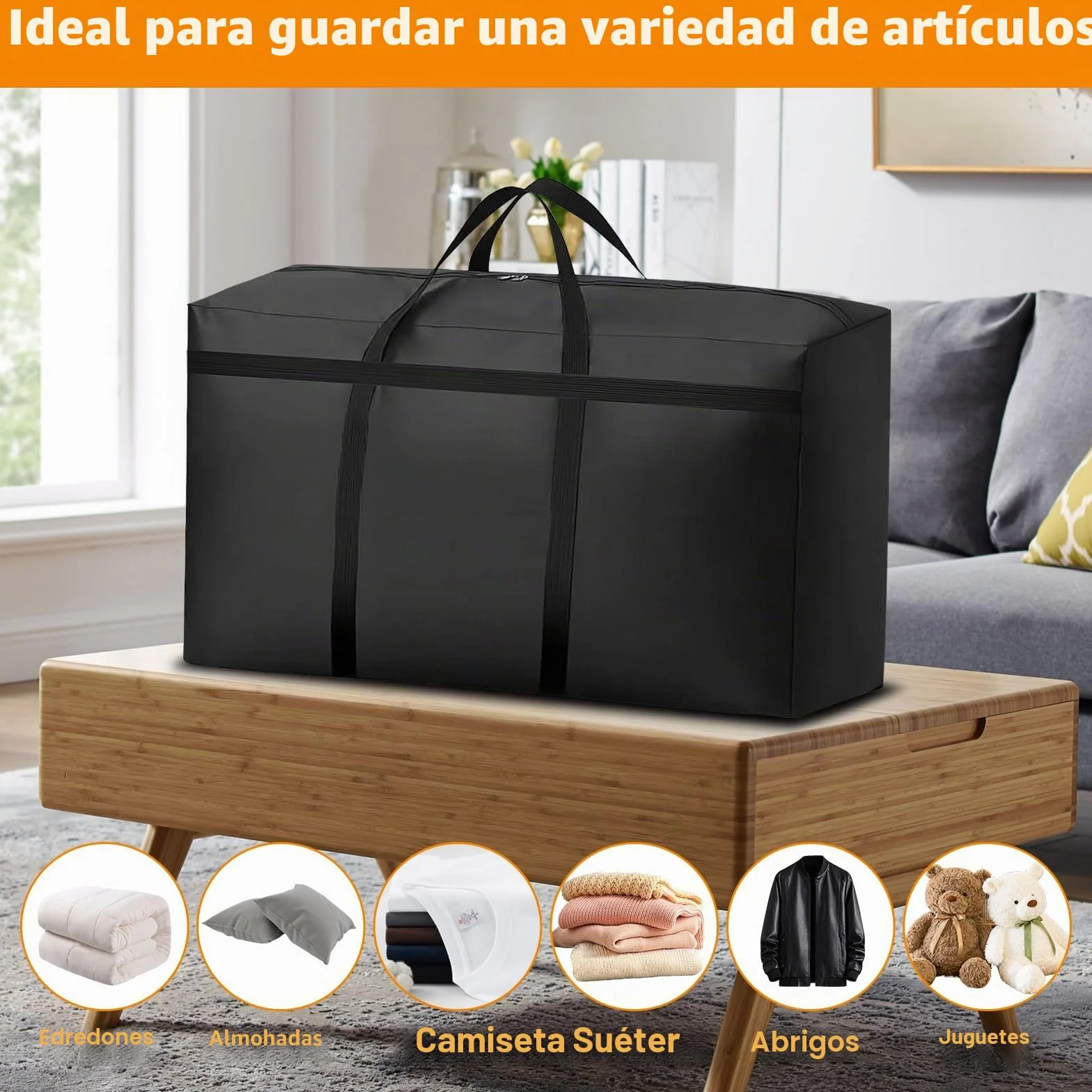 KOMABLEN 4 Piezas 180L Bolsas Almacenaje Ropa, 600D Oxford Impermeable Cajas para Guardar Ropa con Cremallera y Asa, Negro Plegable Bolsas Mudanza Grandes para Edredones, Mantas
