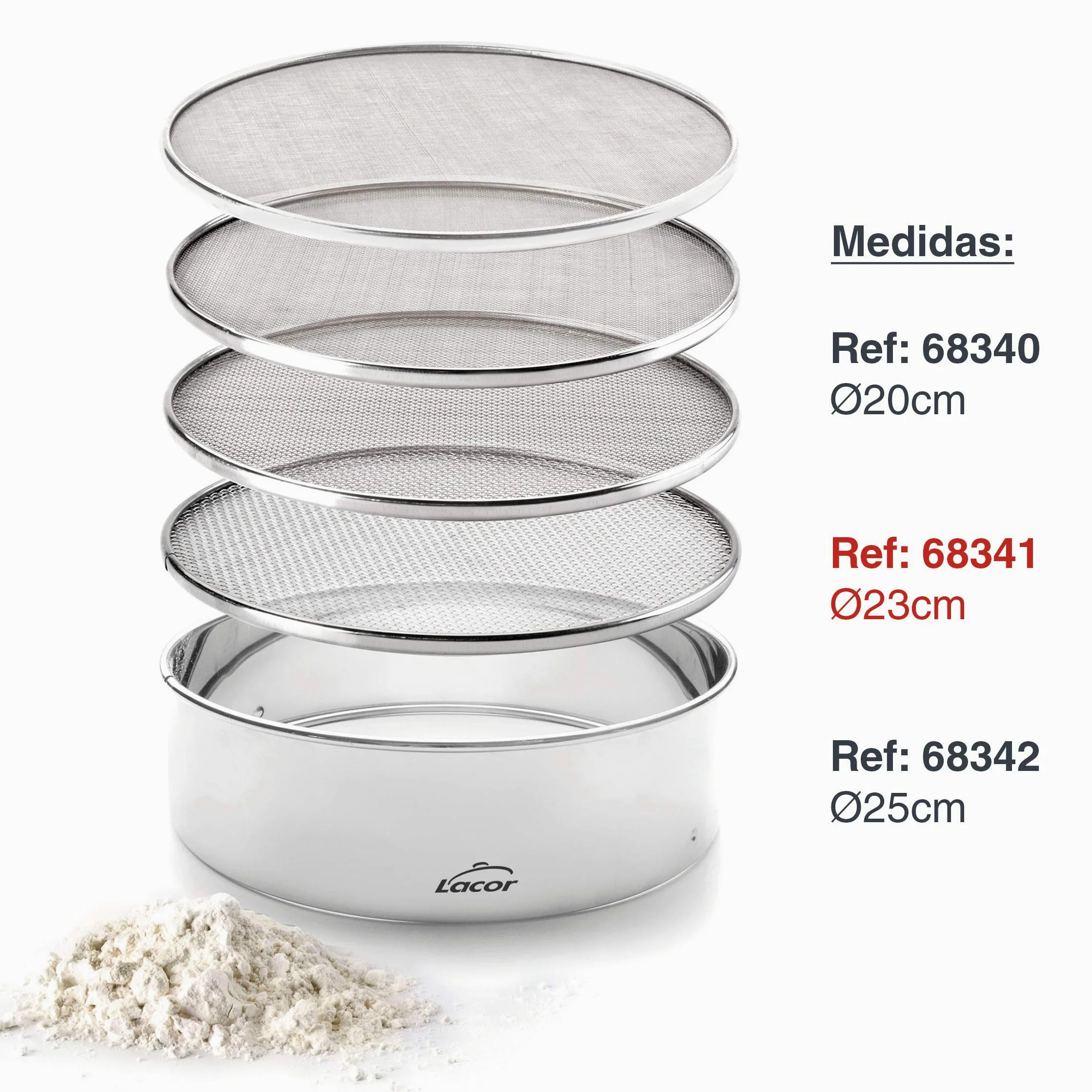 Lacor 68341 - Cedazo - Acero inox, Tamiz intercambiable, 4 mallas, 23 cm | En acero inoxidable, tamiza harinas y azúcar finamente; ideal para cocina profesional y uso diario en casa, para el día a día