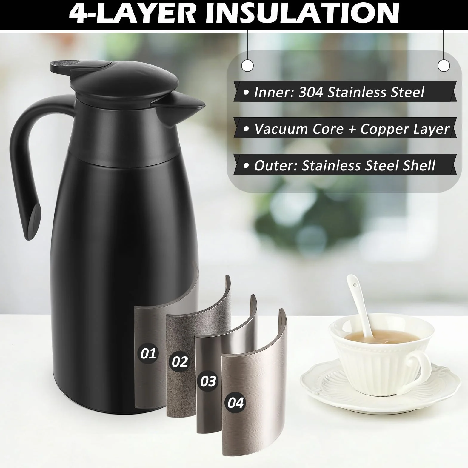 2 Litros Jarra Térmica, Jarra Termo se Acero Inoxidable, Termo con Aislamiento Térmico al vacío aislados, Se Mantiene Caliente Durante 24 Horas, Termo Grande Para Café, Té, Agua, Jarra Caliente
